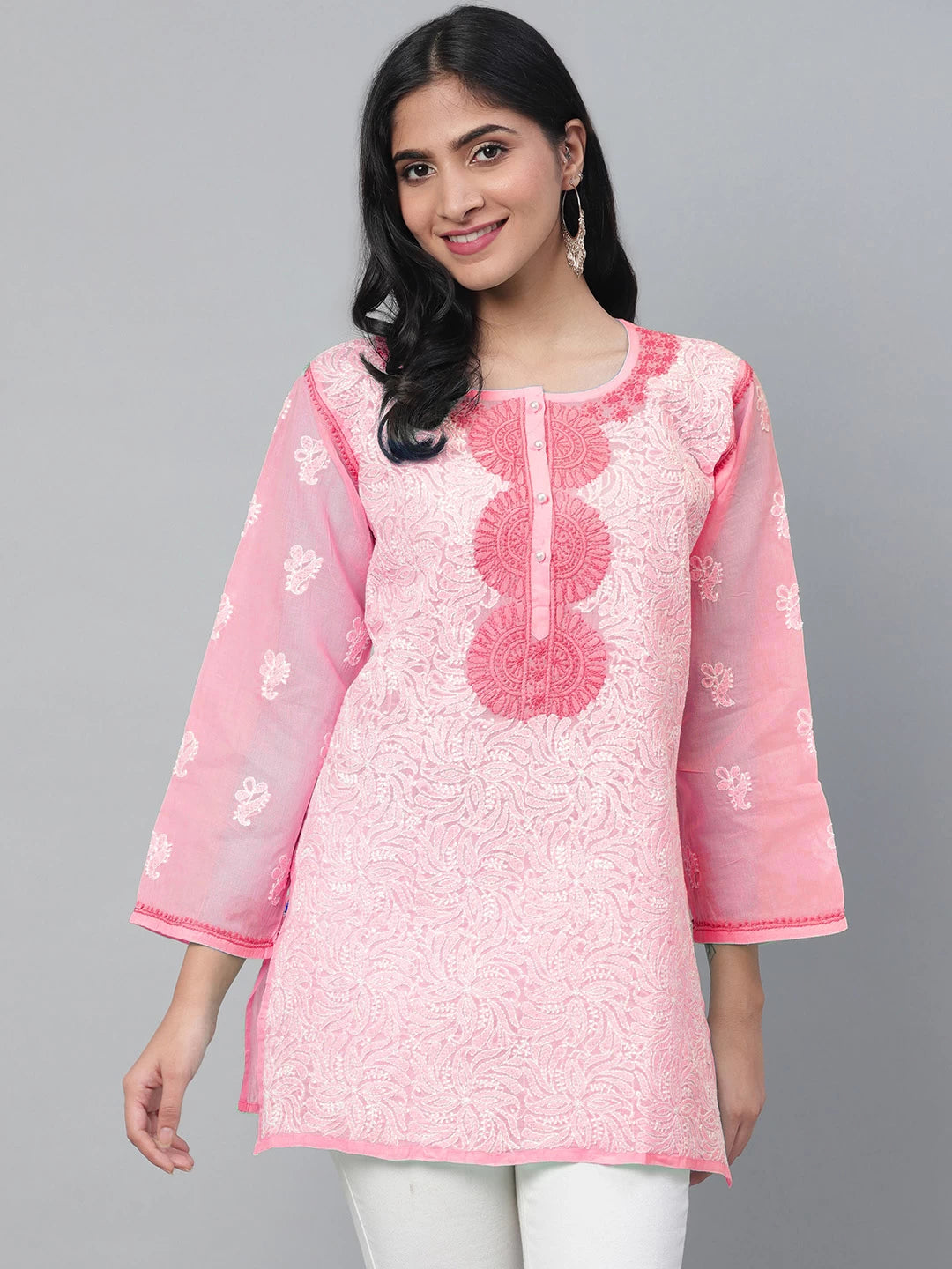 Ada Hand Embroidered Pink Cotton Lucknowi Chikankari Short Kurti A911383