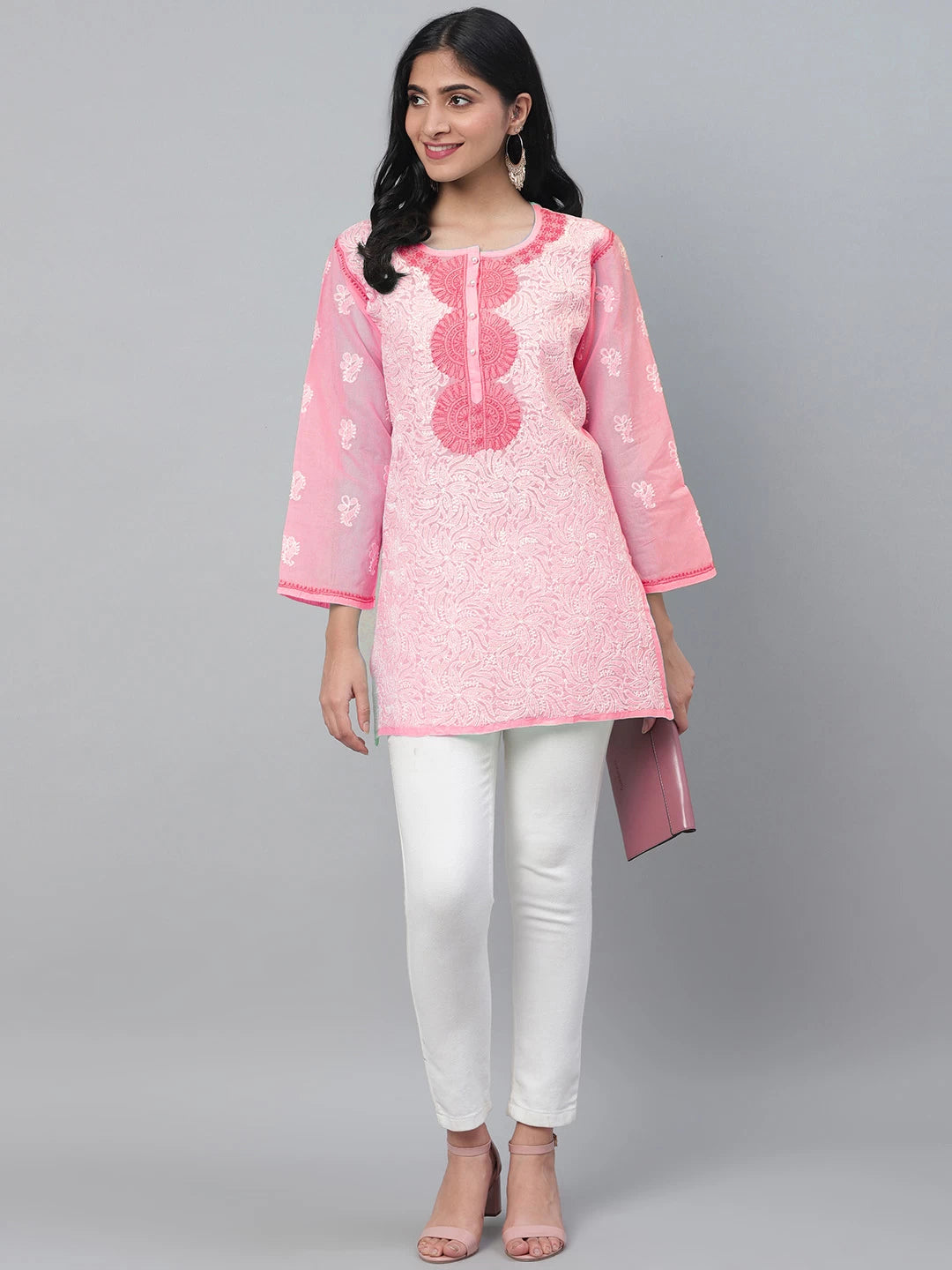Ada Hand Embroidered Pink Cotton Lucknowi Chikankari Short Kurti A911383