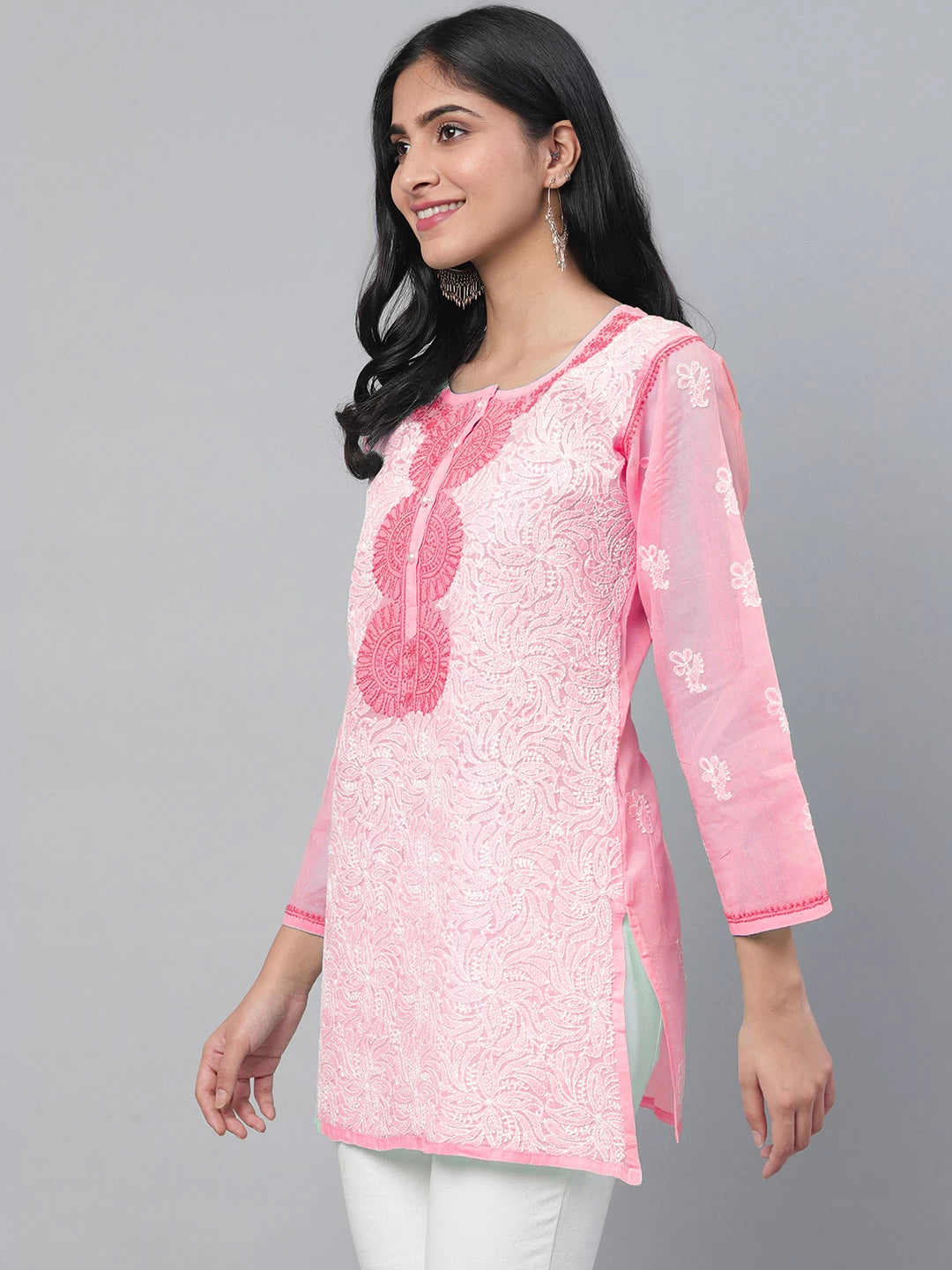 Ada Hand Embroidered Pink Cotton Lucknowi Chikankari Short Kurti A911383