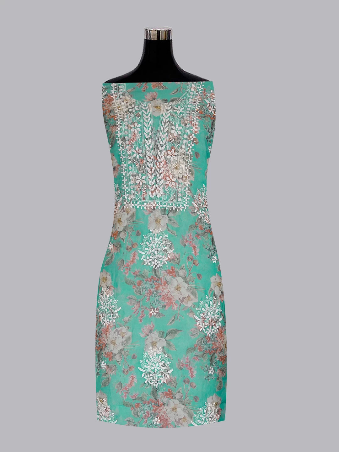 Ada Hand Embroidered Green Floral Print Organza Lucknowi Chikankari Unstitched Kurta Dupatta Set 01A474658