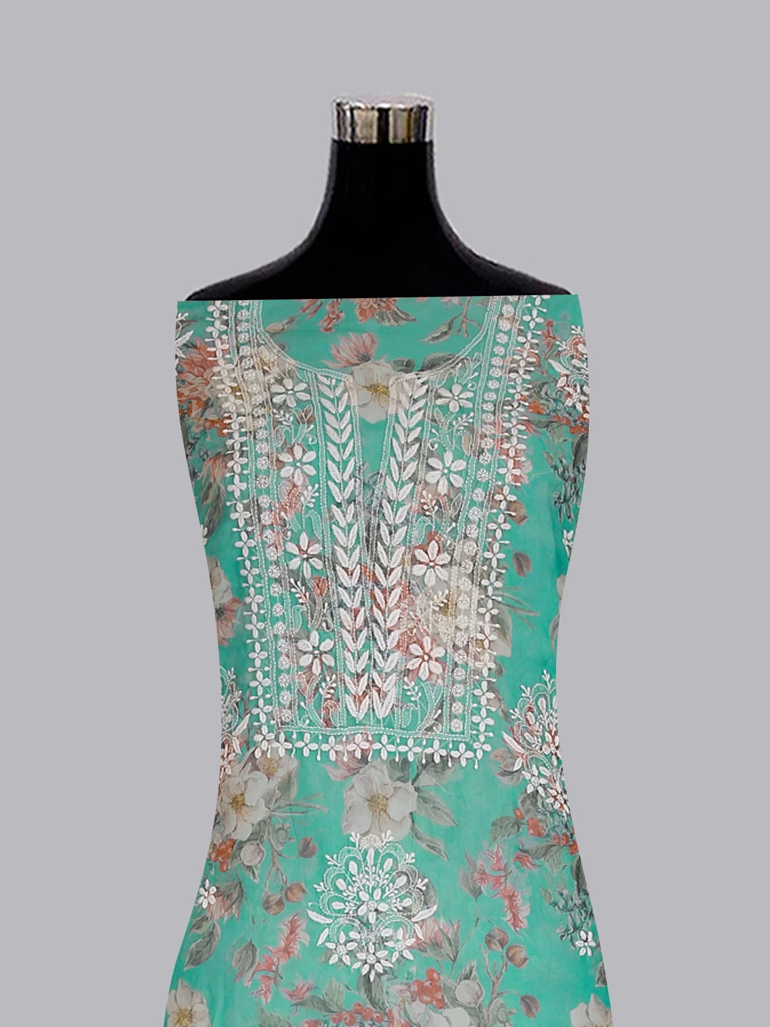 Ada Hand Embroidered Green Floral Print Organza Lucknowi Chikankari Unstitched Kurta Dupatta Set 01A474658