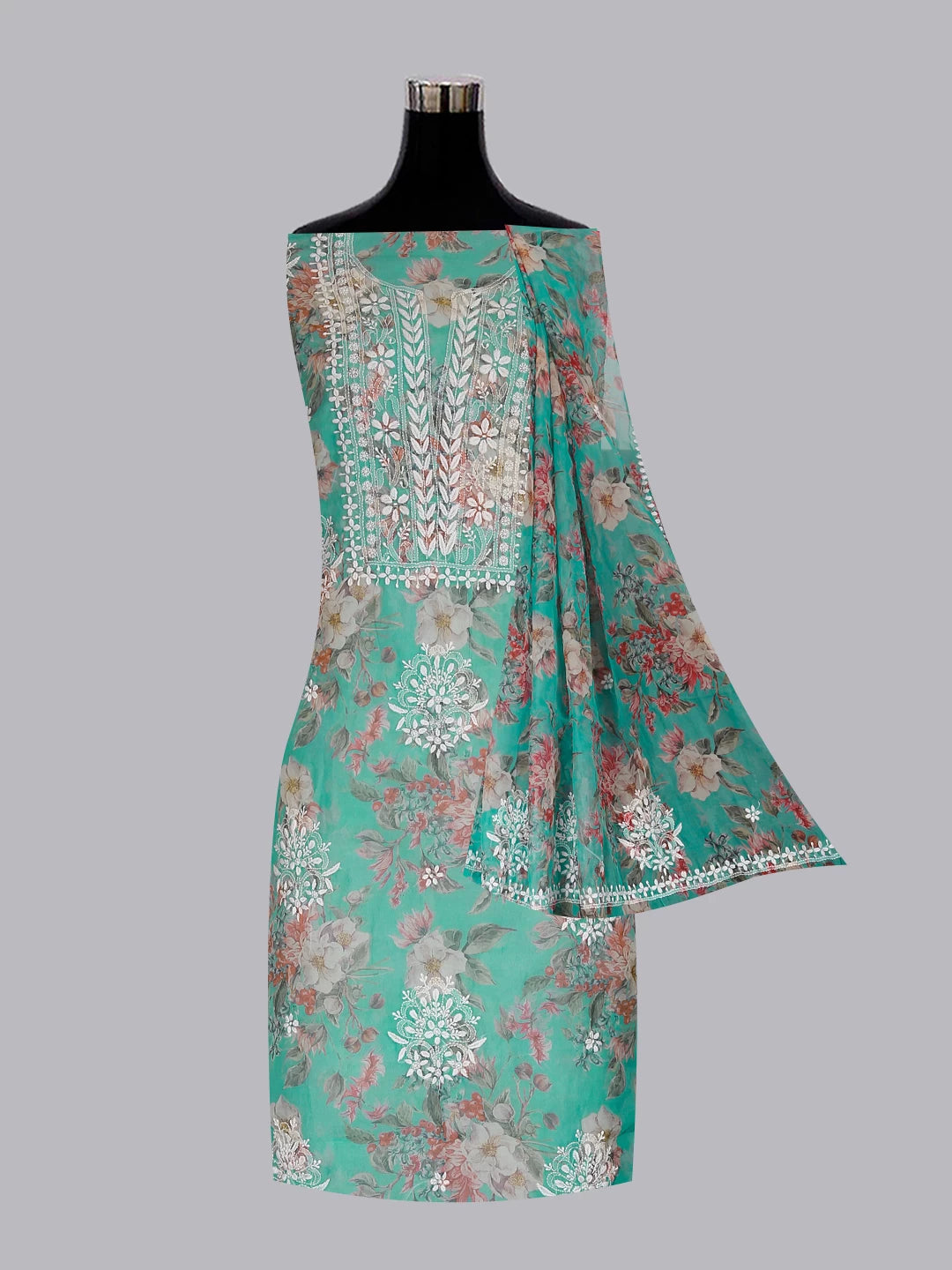Ada Hand Embroidered Green Floral Print Organza Lucknowi Chikankari Unstitched Kurta Dupatta Set 01A474658