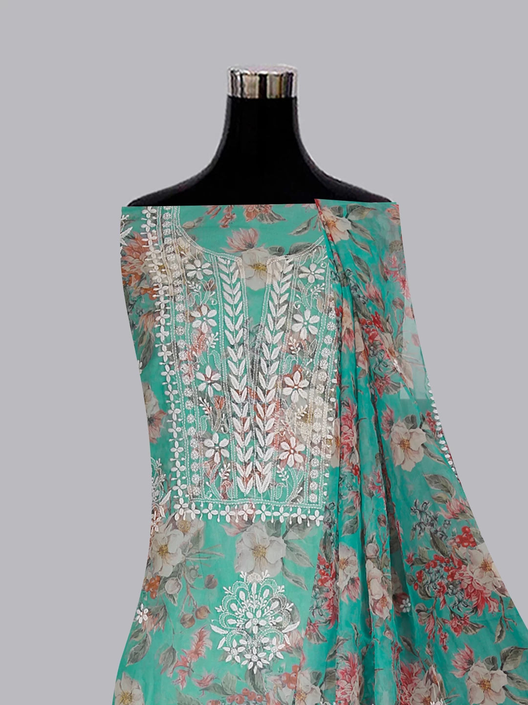 Ada Hand Embroidered Green Floral Print Organza Lucknowi Chikankari Unstitched Kurta Dupatta Set 01A474658