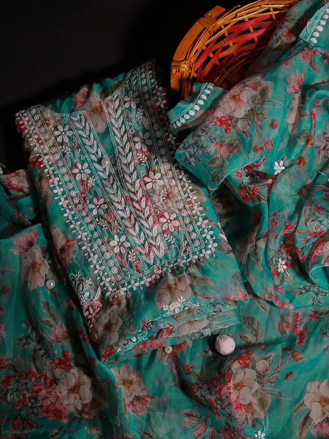 Ada Hand Embroidered Green Floral Print Organza Lucknowi Chikankari Unstitched Kurta Dupatta Set 01A474658