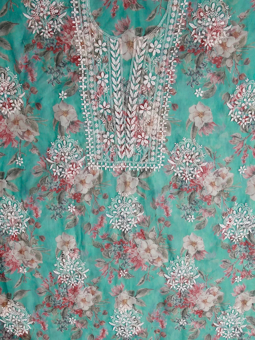 Ada Hand Embroidered Green Floral Print Organza Lucknowi Chikankari Unstitched Kurta Dupatta Set 01A474658