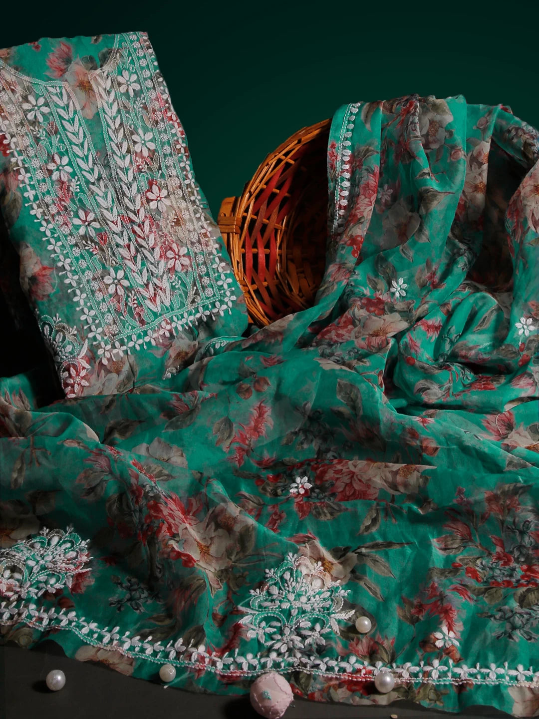 Ada Hand Embroidered Green Floral Print Organza Lucknowi Chikankari Unstitched Kurta Dupatta Set 01A474658