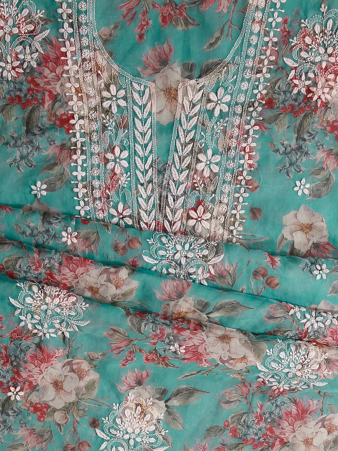 Ada Hand Embroidered Green Floral Print Organza Lucknowi Chikankari Unstitched Kurta Dupatta Set 01A474658