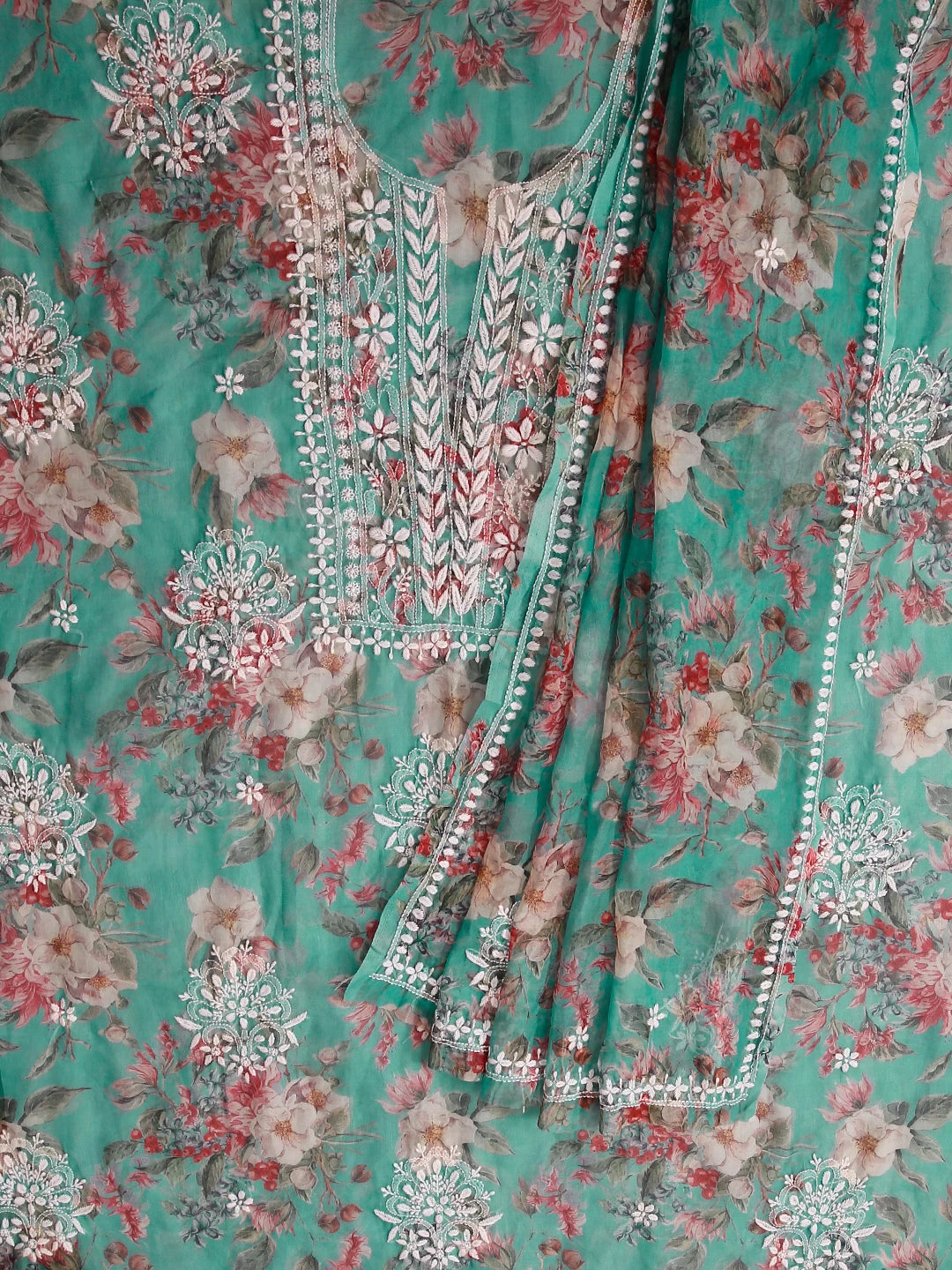 Ada Hand Embroidered Green Floral Print Organza Lucknowi Chikankari Unstitched Kurta Dupatta Set 01A474658