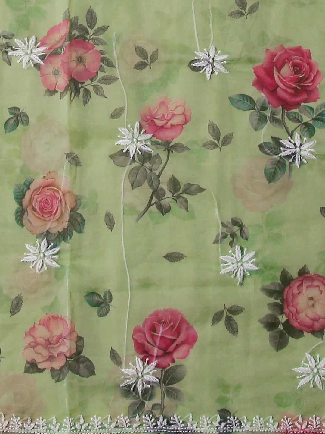 Ada Hand Embroidered Light Green Floral Print Organza Lucknowi Chikankari Unstitched Kurta Dupatta Set 01A474609