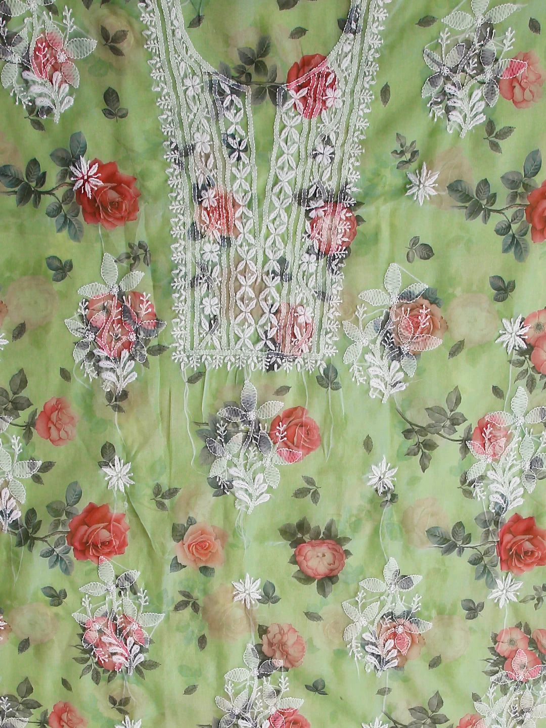 Ada Hand Embroidered Light Green Floral Print Organza Lucknowi Chikankari Unstitched Kurta Dupatta Set 01A474609