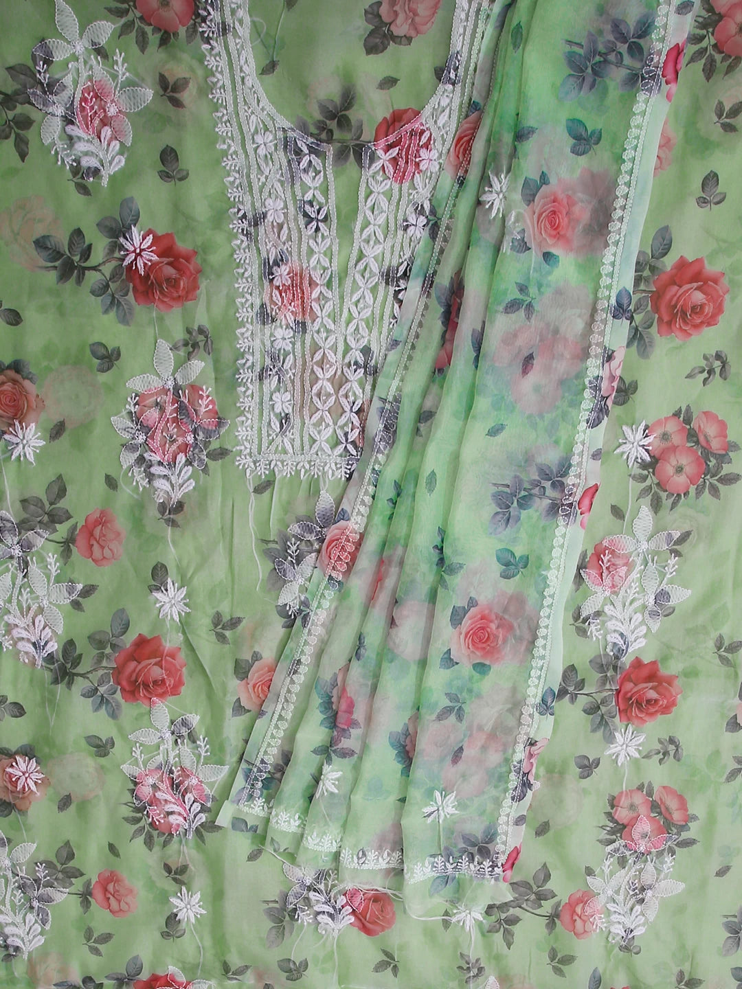 Ada Hand Embroidered Light Green Floral Print Organza Lucknowi Chikankari Unstitched Kurta Dupatta Set 01A474609