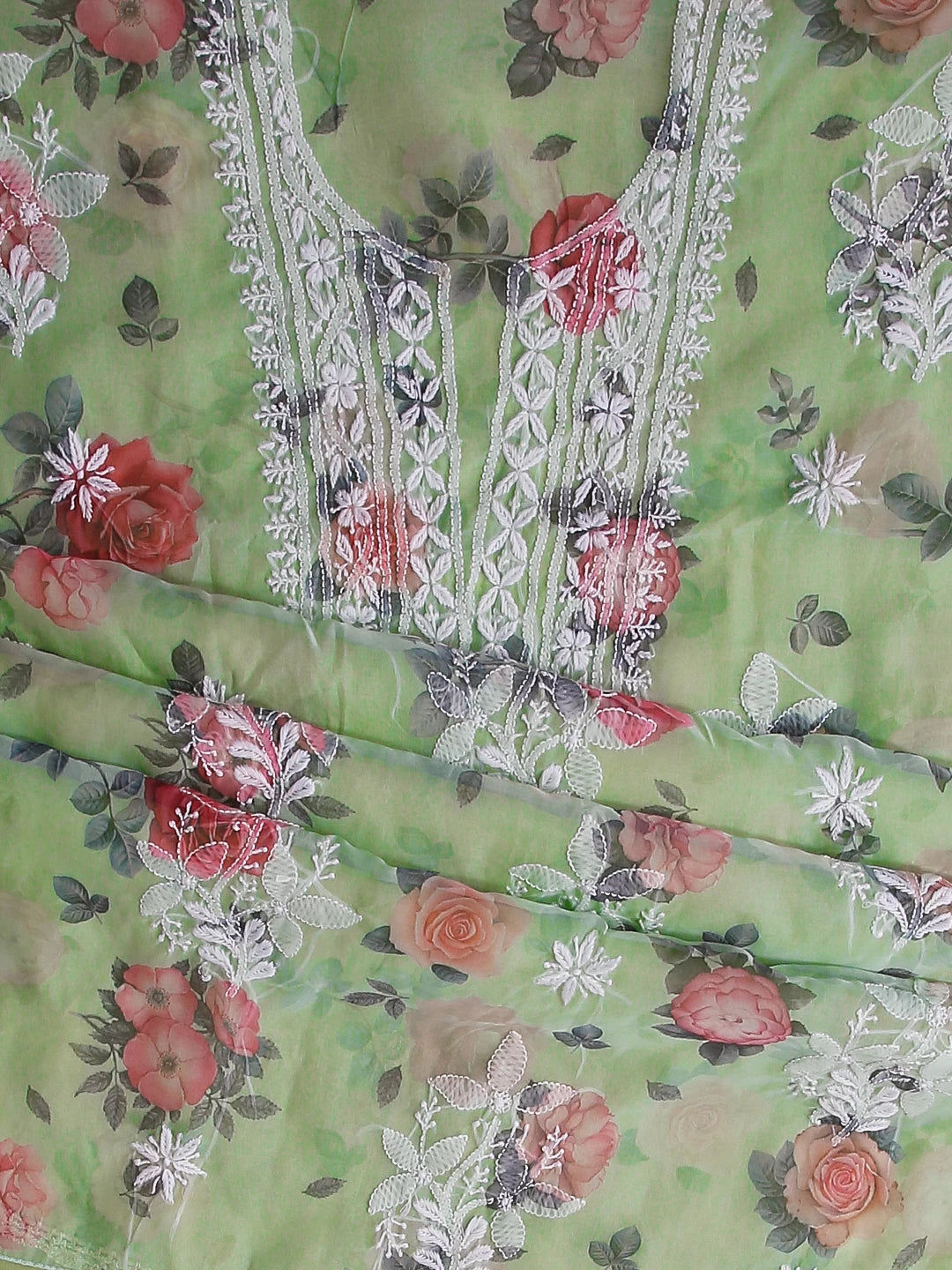 Ada Hand Embroidered Light Green Floral Print Organza Lucknowi Chikankari Unstitched Kurta Dupatta Set 01A474609