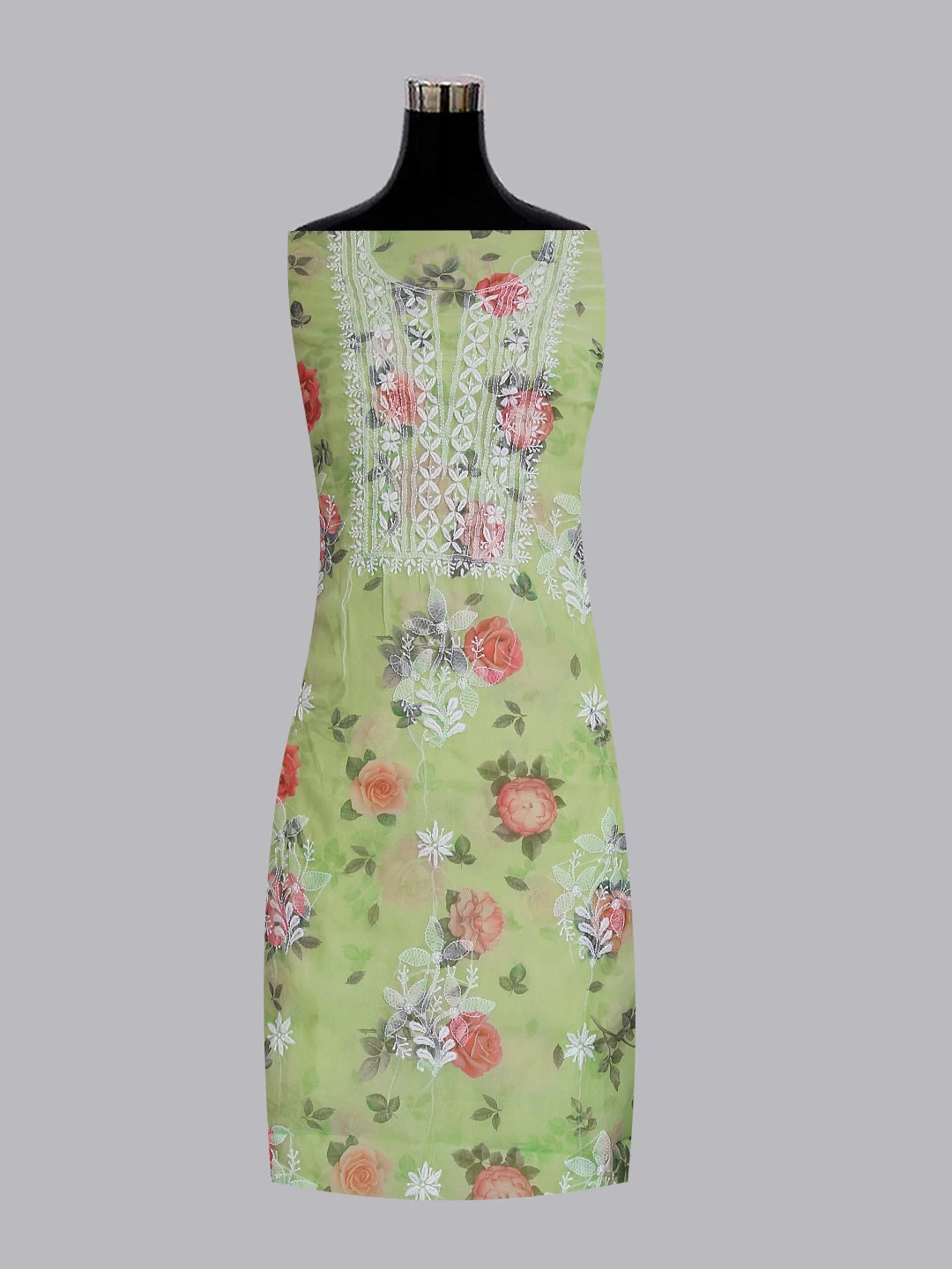 Ada Hand Embroidered Light Green Floral Print Organza Lucknowi Chikankari Unstitched Kurta Dupatta Set 01A474609