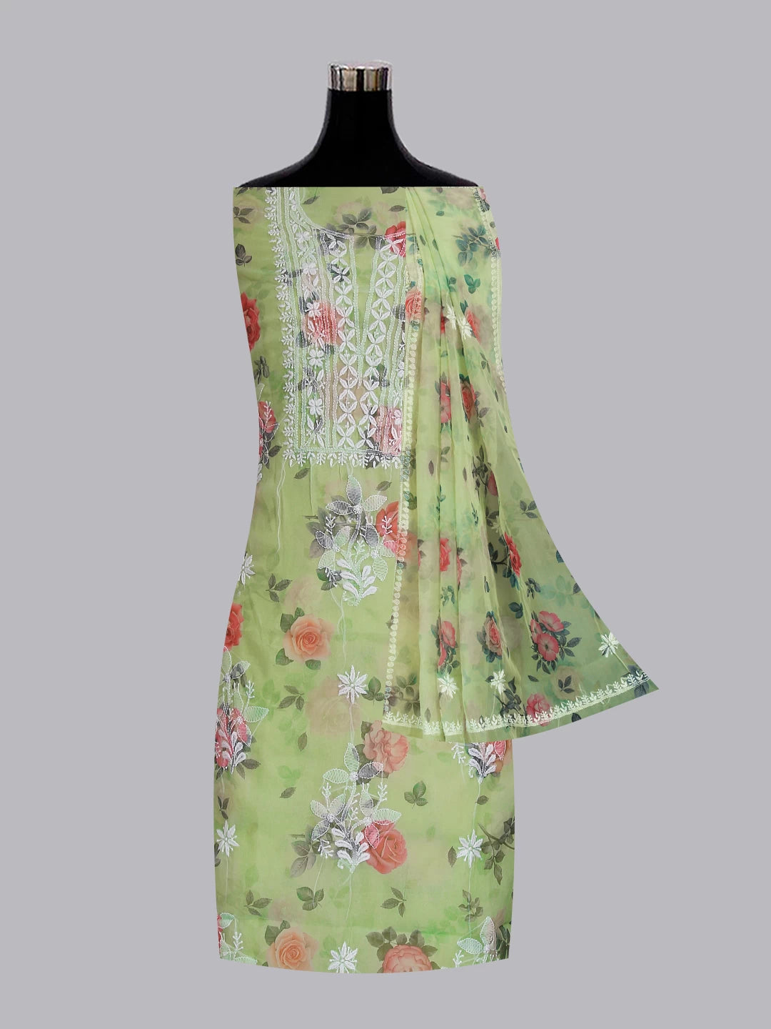Ada Hand Embroidered Light Green Floral Print Organza Lucknowi Chikankari Unstitched Kurta Dupatta Set 01A474609