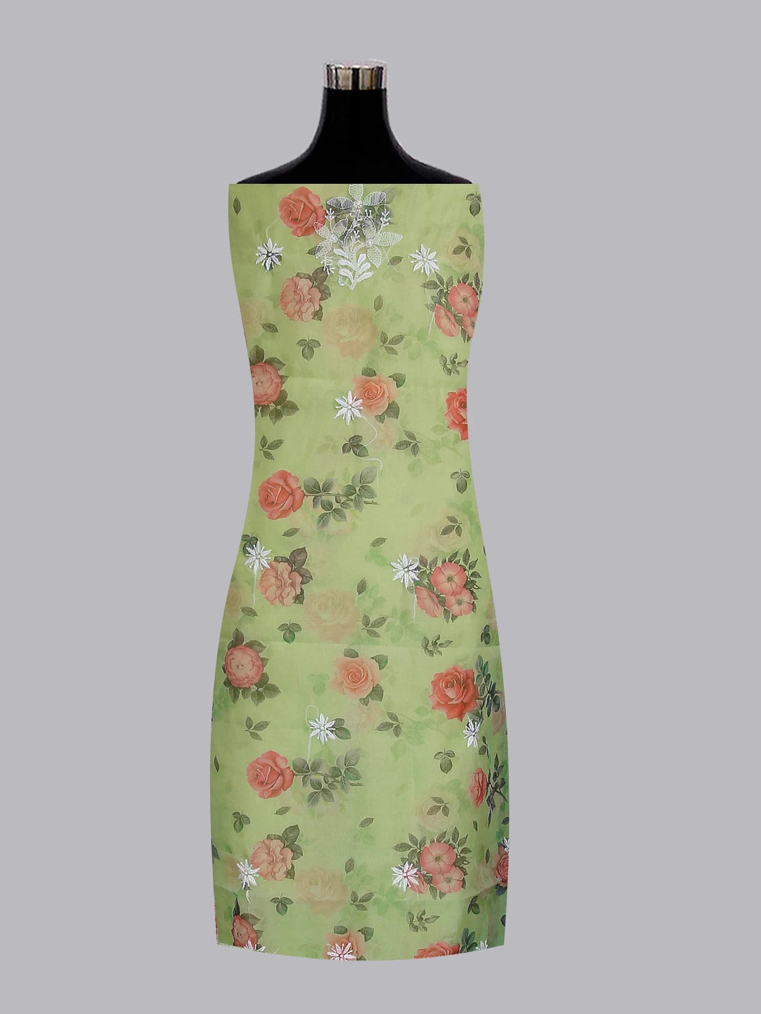Ada Hand Embroidered Light Green Floral Print Organza Lucknowi Chikankari Unstitched Kurta Dupatta Set 01A474609