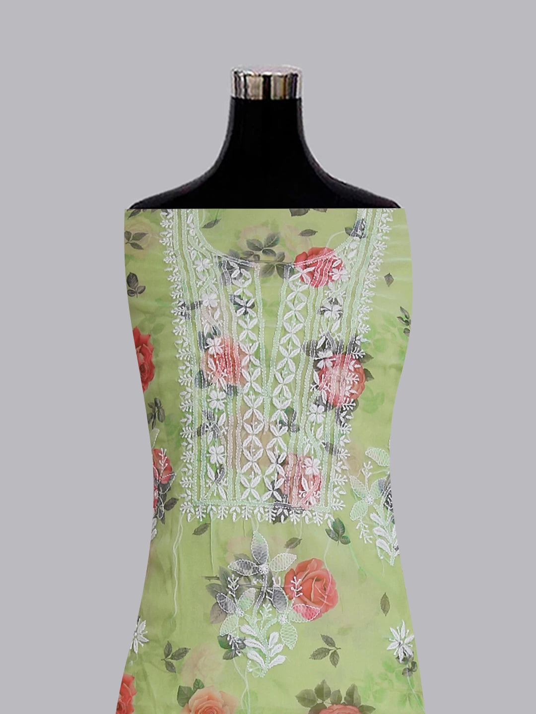 Ada Hand Embroidered Light Green Floral Print Organza Lucknowi Chikankari Unstitched Kurta Dupatta Set 01A474609