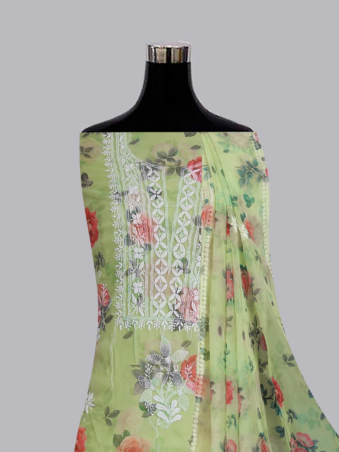 Ada Hand Embroidered Light Green Floral Print Organza Lucknowi Chikankari Unstitched Kurta Dupatta Set 01A474609