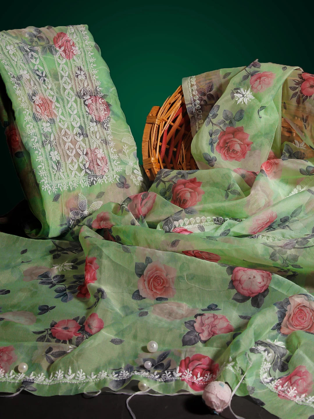 Ada Hand Embroidered Light Green Floral Print Organza Lucknowi Chikankari Unstitched Kurta Dupatta Set 01A474609