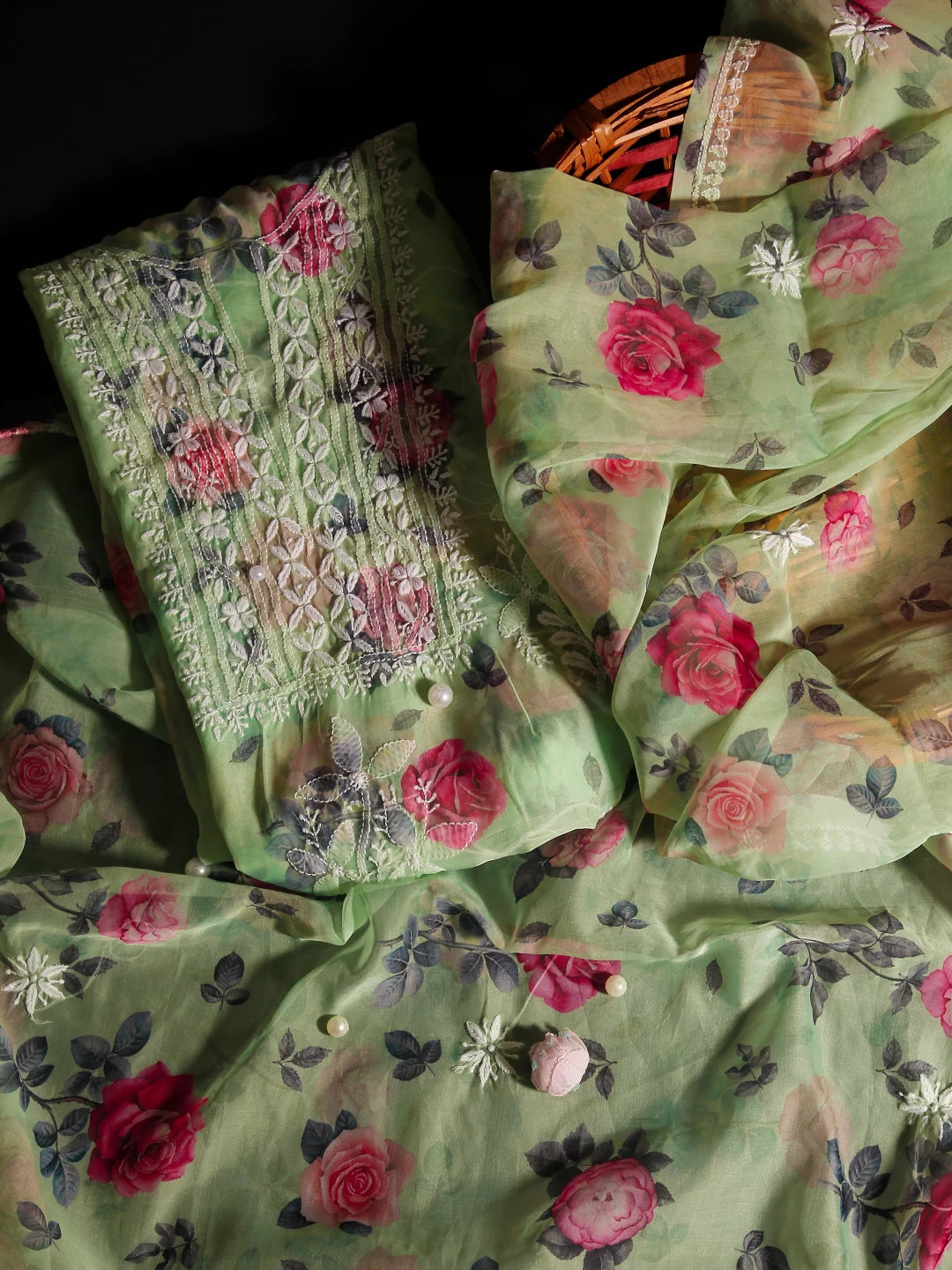 Ada Hand Embroidered Light Green Floral Print Organza Lucknowi Chikankari Unstitched Kurta Dupatta Set 01A474609