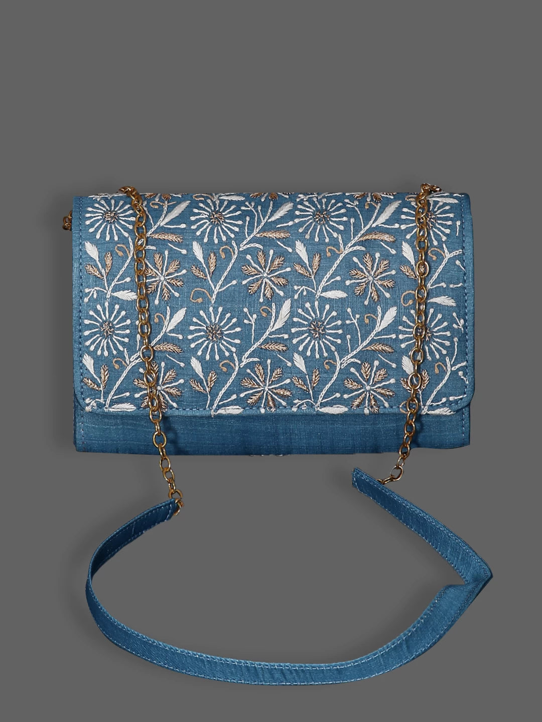 Ada Hand Embroidered Prussian Blue Silk Lucknowi Chikankari Clutch Handbag With Zari Work 01A433682