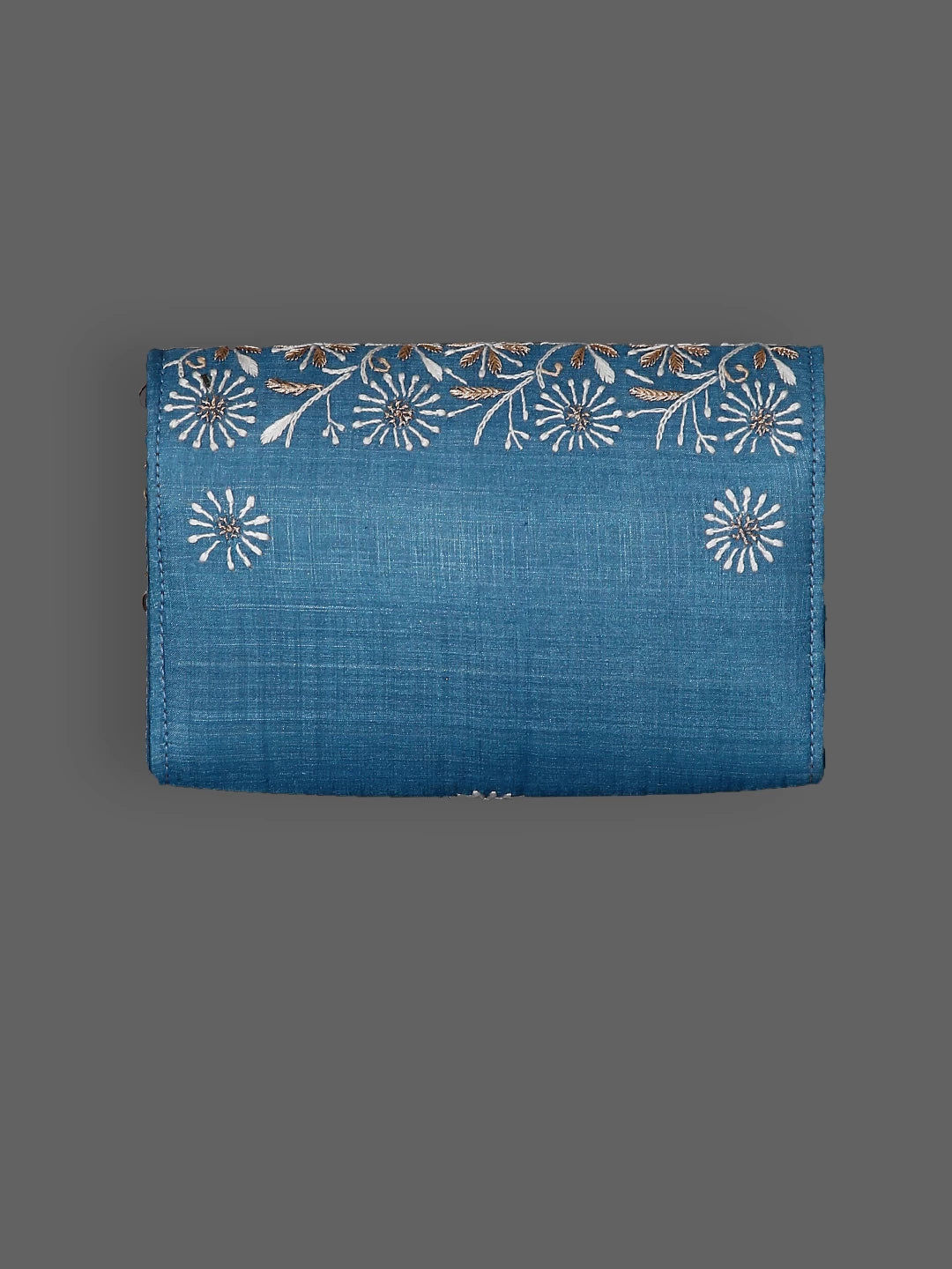 Ada Hand Embroidered Prussian Blue Silk Lucknowi Chikankari Clutch Handbag With Zari Work 01A433682