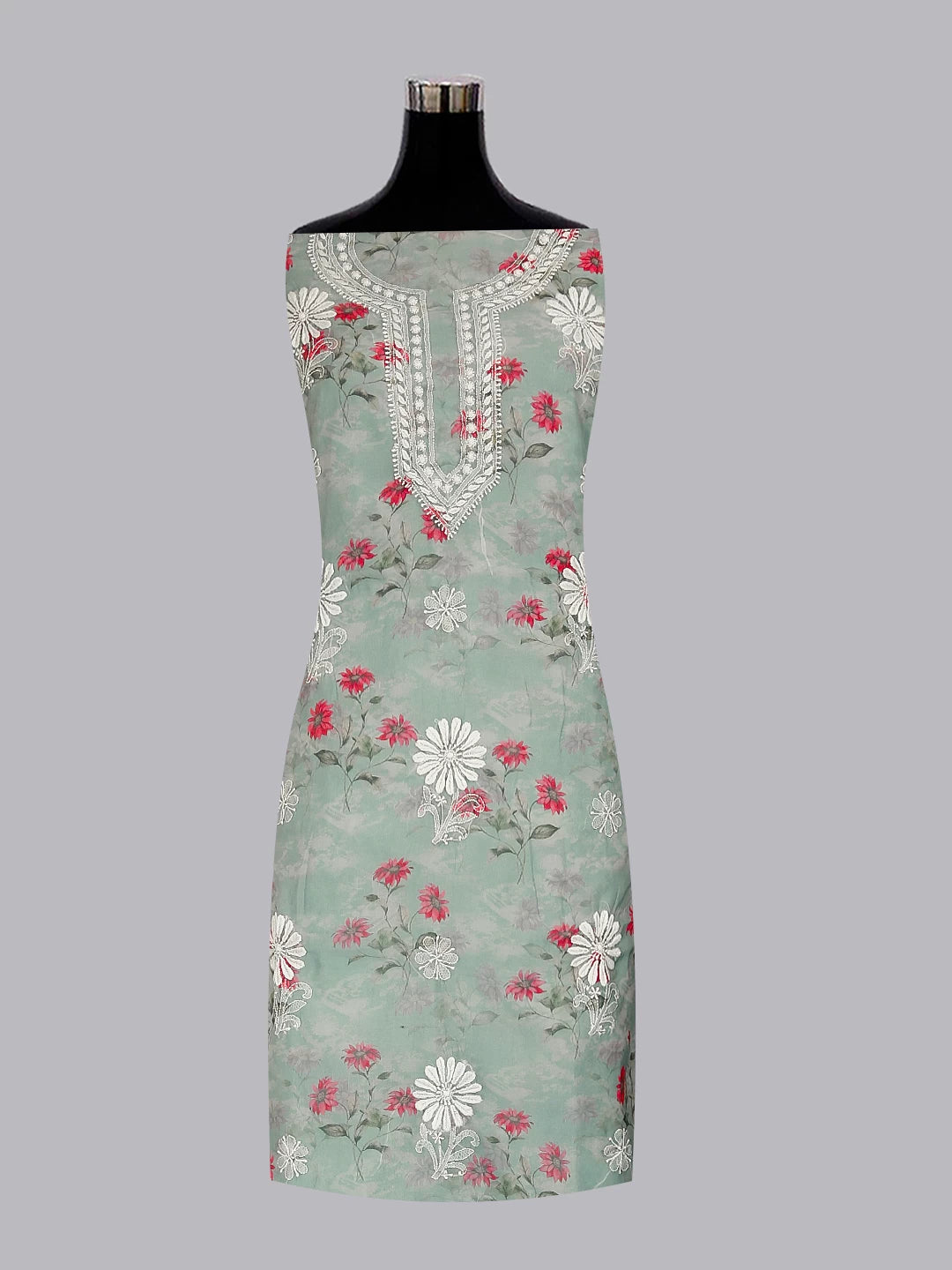 Ada Hand Embroidered Grey Floral Print Organza Lucknowi Chikankari Unstitched Kurta Dupatta Set 01A474633