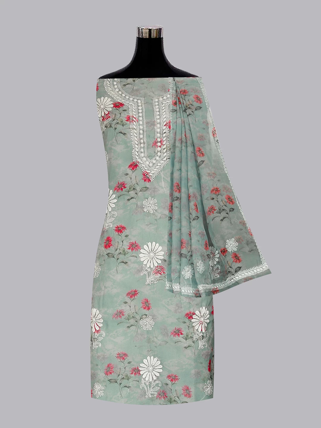 Ada Hand Embroidered Grey Floral Print Organza Lucknowi Chikankari Unstitched Kurta Dupatta Set 01A474633