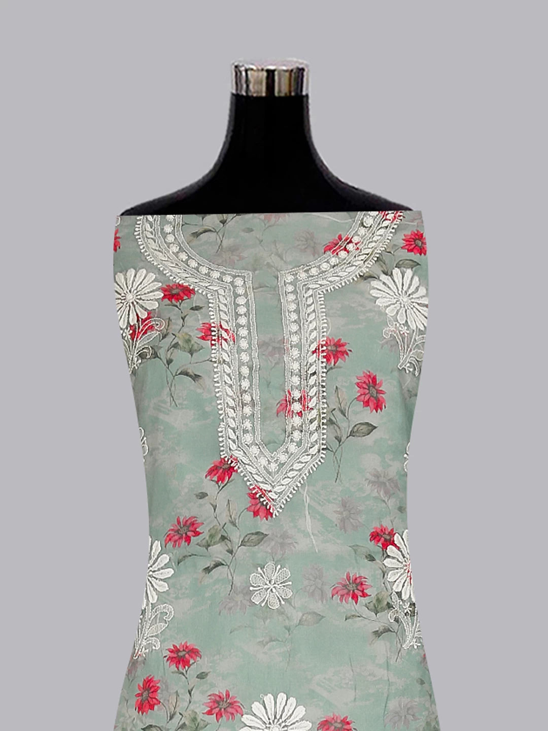Ada Hand Embroidered Grey Floral Print Organza Lucknowi Chikankari Unstitched Kurta Dupatta Set 01A474633