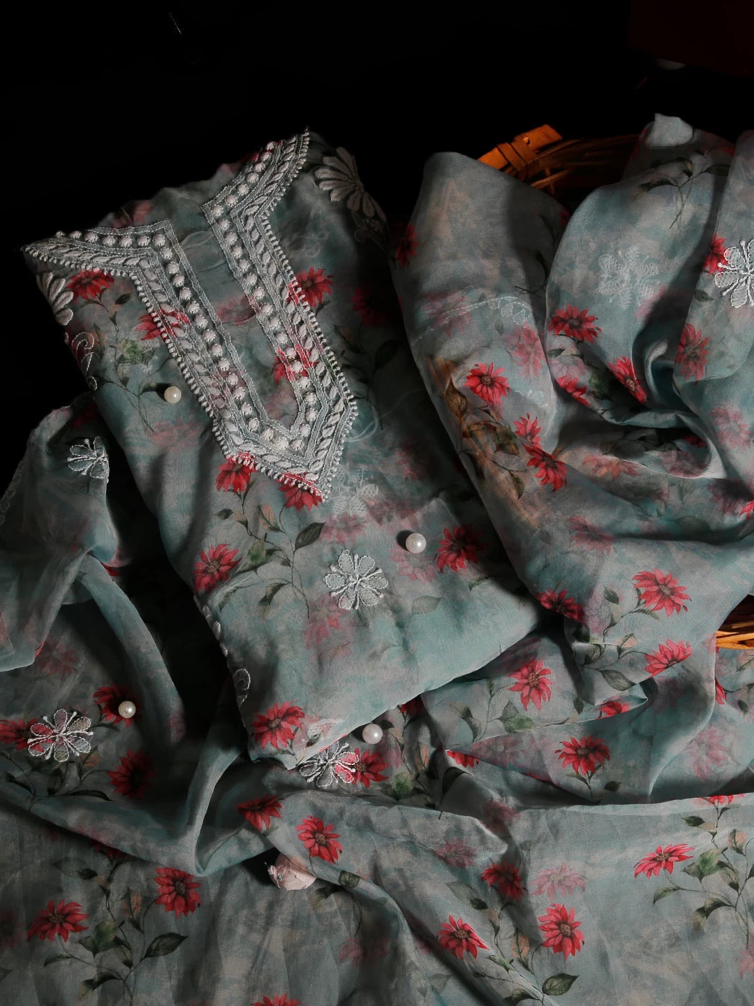 Ada Hand Embroidered Grey Floral Print Organza Lucknowi Chikankari Unstitched Kurta Dupatta Set 01A474633