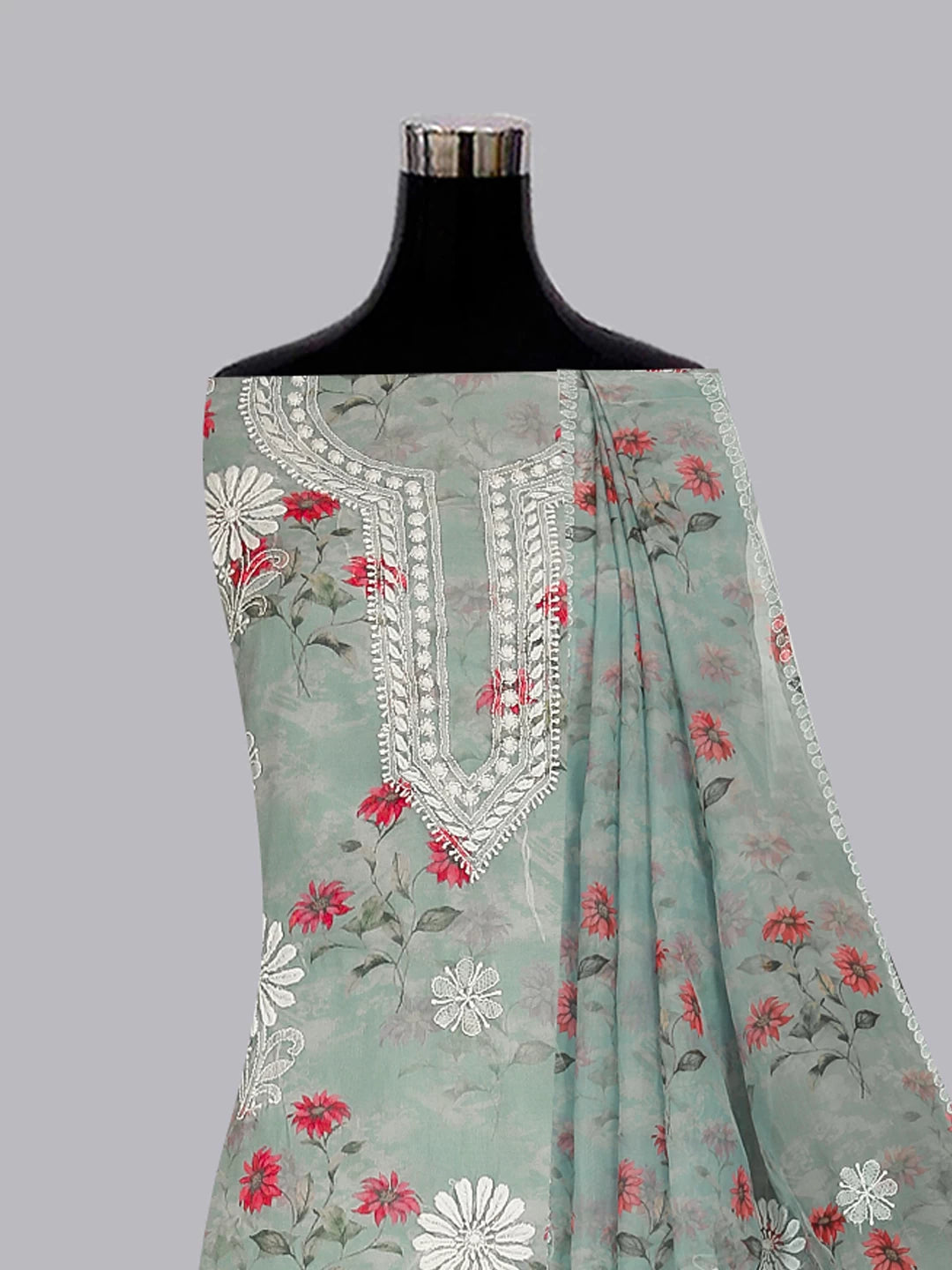 Ada Hand Embroidered Grey Floral Print Organza Lucknowi Chikankari Unstitched Kurta Dupatta Set 01A474633