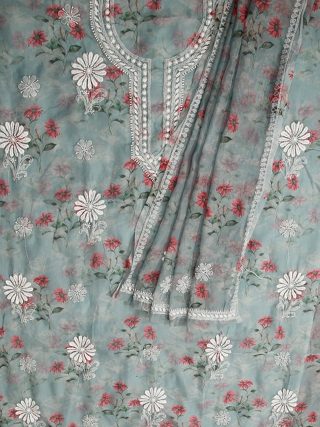 Ada Hand Embroidered Grey Floral Print Organza Lucknowi Chikankari Unstitched Kurta Dupatta Set 01A474633