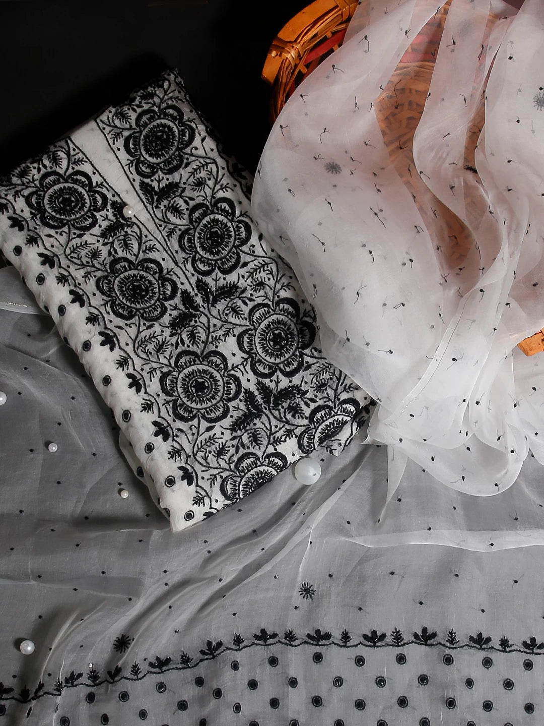 Ada Hand Embroidered Off White Organza Lucknowi Chikankari Unstitched Kurta Dupatta Set With Pearl Work 01A464481