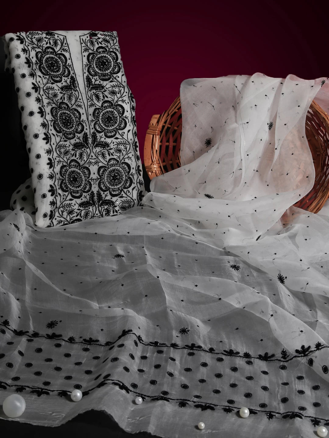 Ada Hand Embroidered Off White Organza Lucknowi Chikankari Unstitched Kurta Dupatta Set With Pearl Work 01A464481