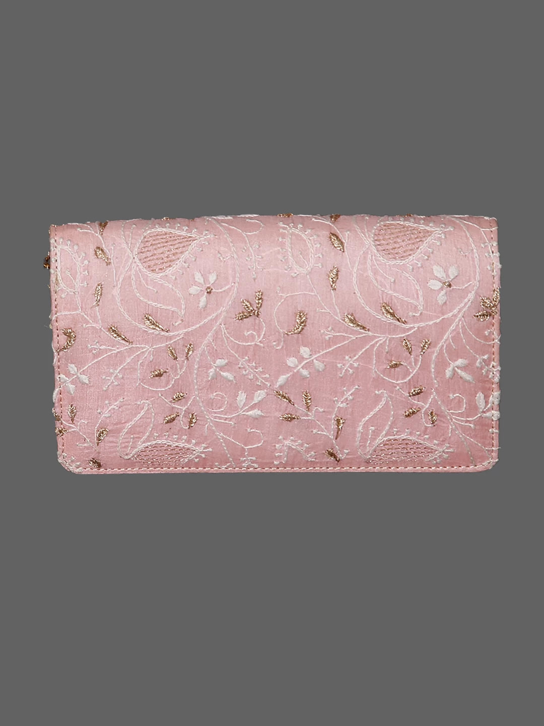 Ada Hand Embroidered Candlelight Peach Silk Lucknowi Chikankari Clutch Handbag With Zari Work 01A429744