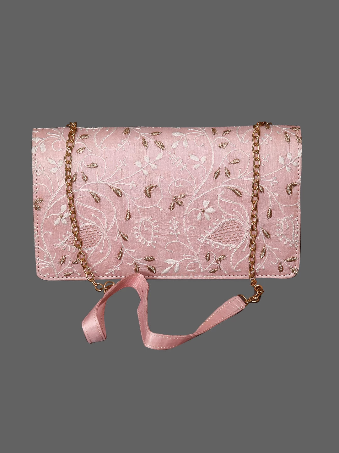 Ada Hand Embroidered Candlelight Peach Silk Lucknowi Chikankari Clutch Handbag With Zari Work 01A429744