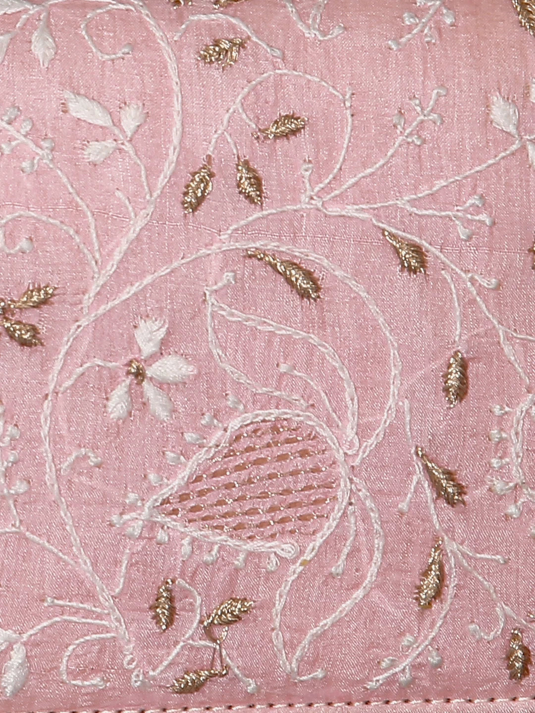 Ada Hand Embroidered Candlelight Peach Silk Lucknowi Chikankari Clutch Handbag With Zari Work 01A429744