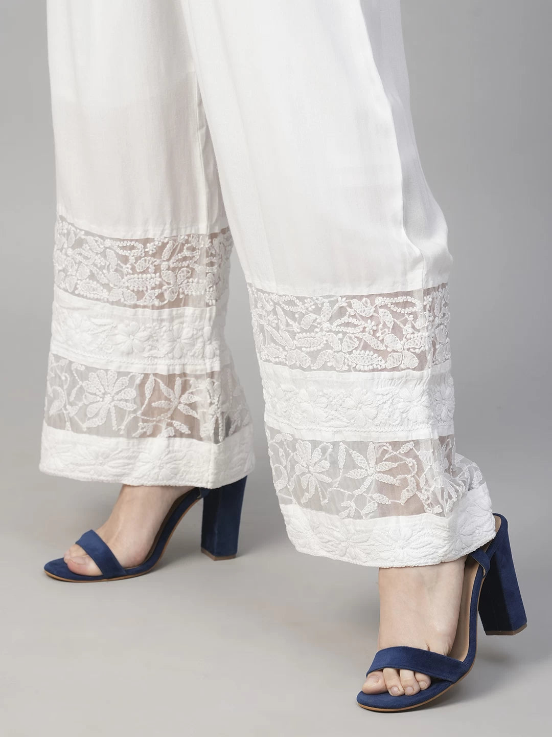 Ada Hand Embroidered Pearl White Rayon Lucknowi Chikankari Palazzo A711177