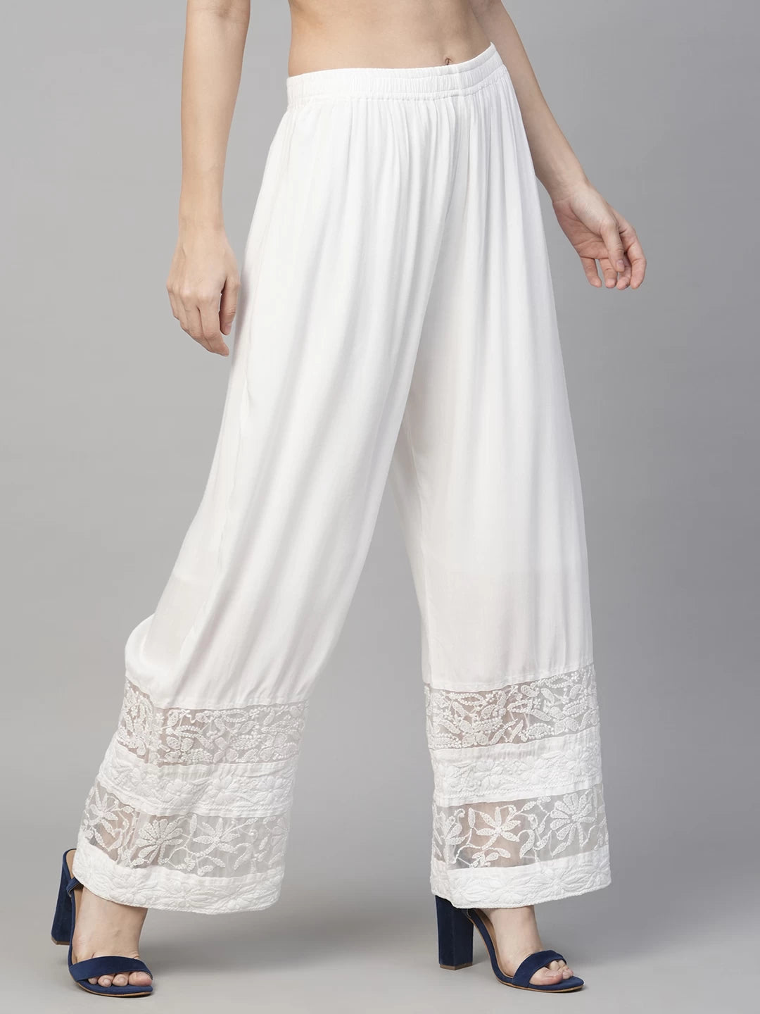 Ada Hand Embroidered Pearl White Rayon Lucknowi Chikankari Palazzo A711177