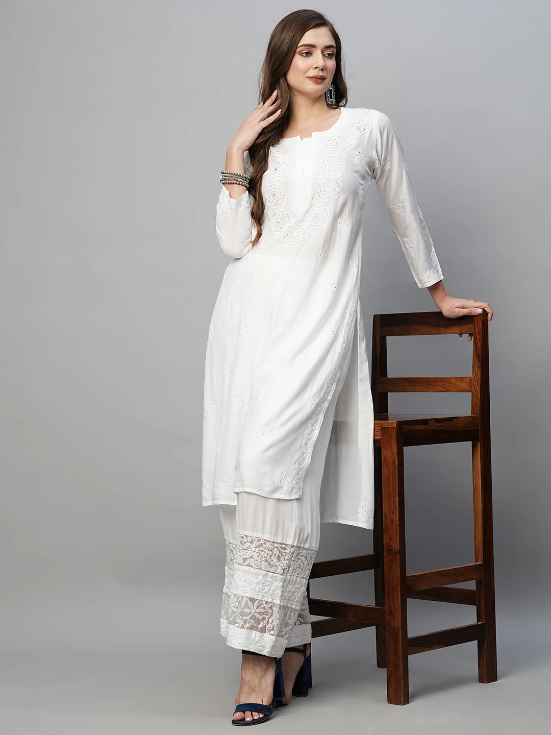Ada Hand Embroidered Pearl White Rayon Lucknowi Chikankari Palazzo A711177