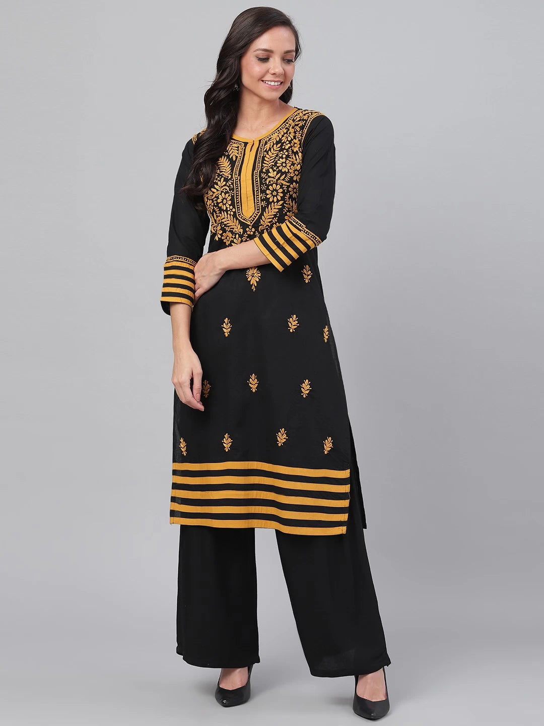 Ada Hand Embroidered Black Cotton Lucknowi Chikankari Straight Kurta A149691