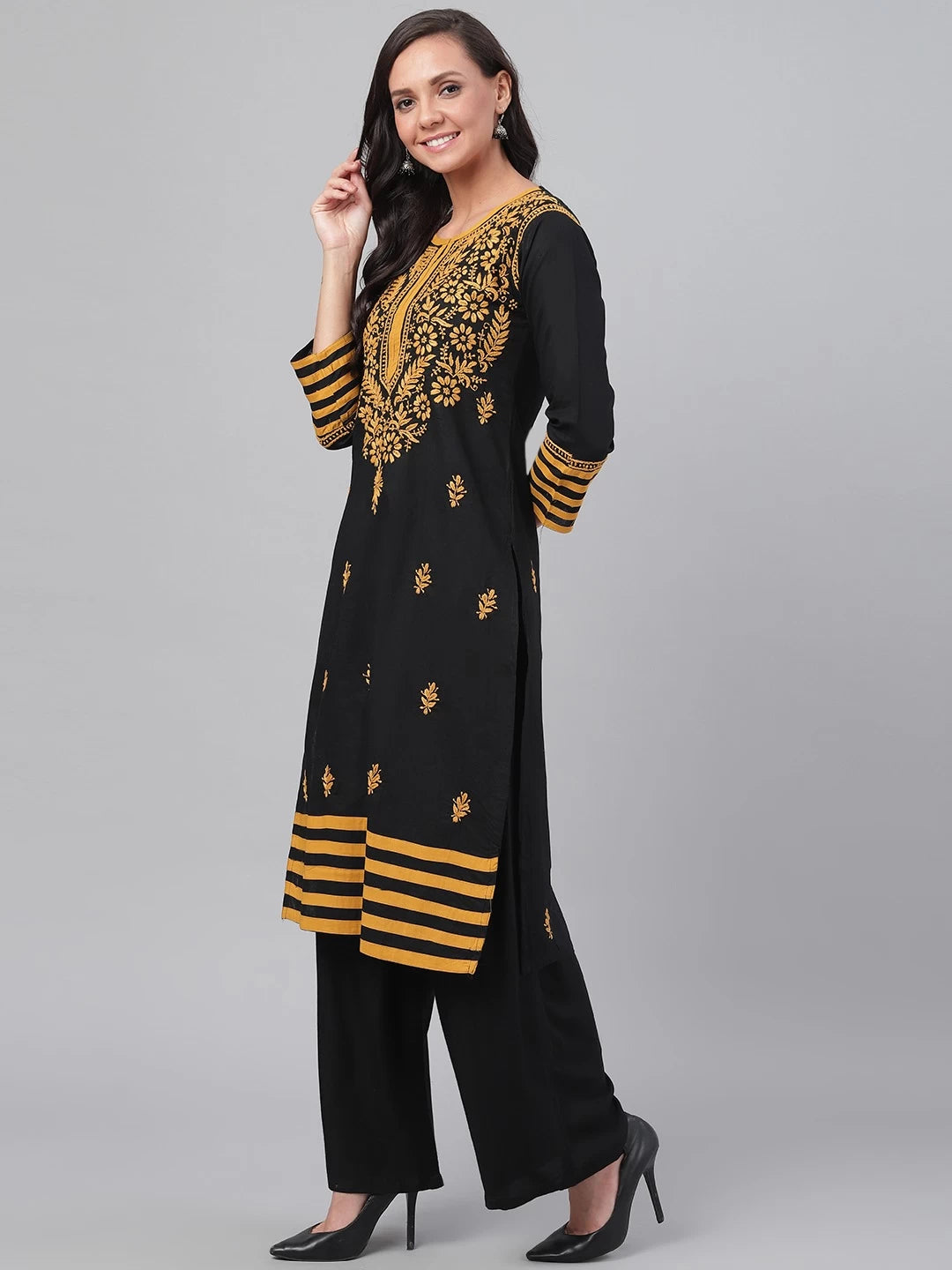 Ada Hand Embroidered Black Cotton Lucknowi Chikankari Straight Kurta A149691