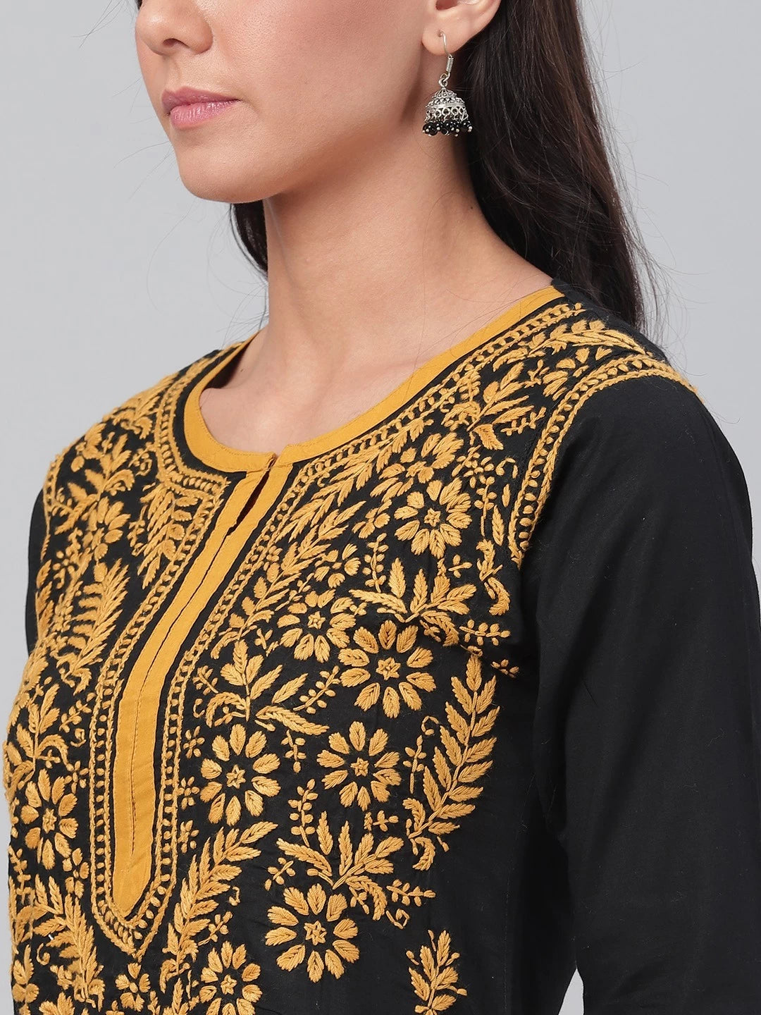 Ada Hand Embroidered Black Cotton Lucknowi Chikankari Straight Kurta A149691