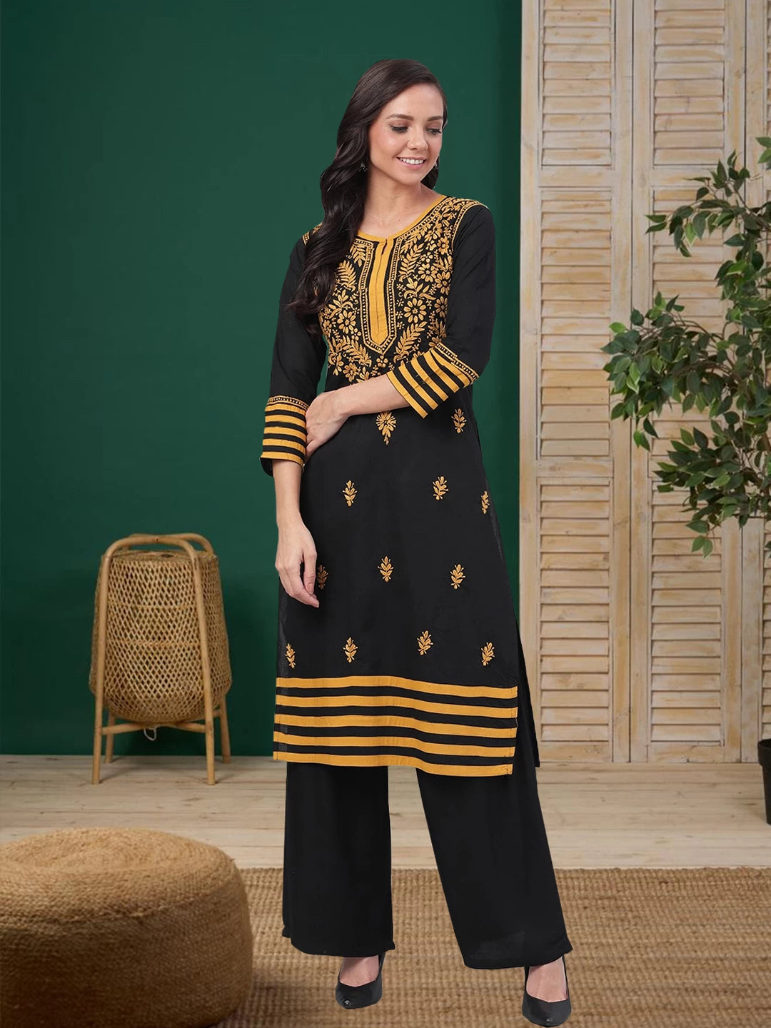 Ada Hand Embroidered Black Cotton Lucknowi Chikankari Straight Kurta A149691