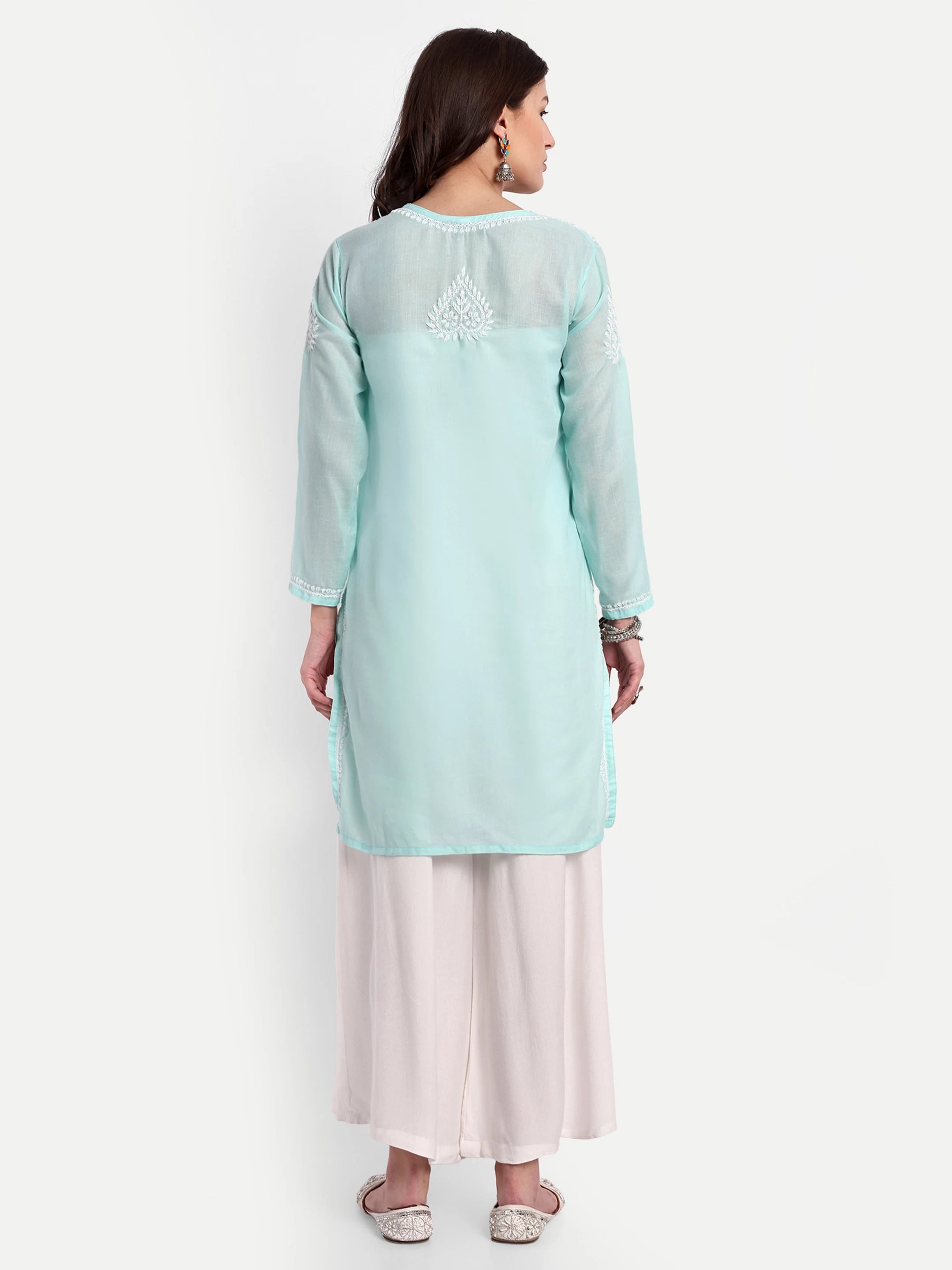 Ada Hand Embroidered Sea Green Cotton Lucknowi Chikankari Straight Kurti A911348