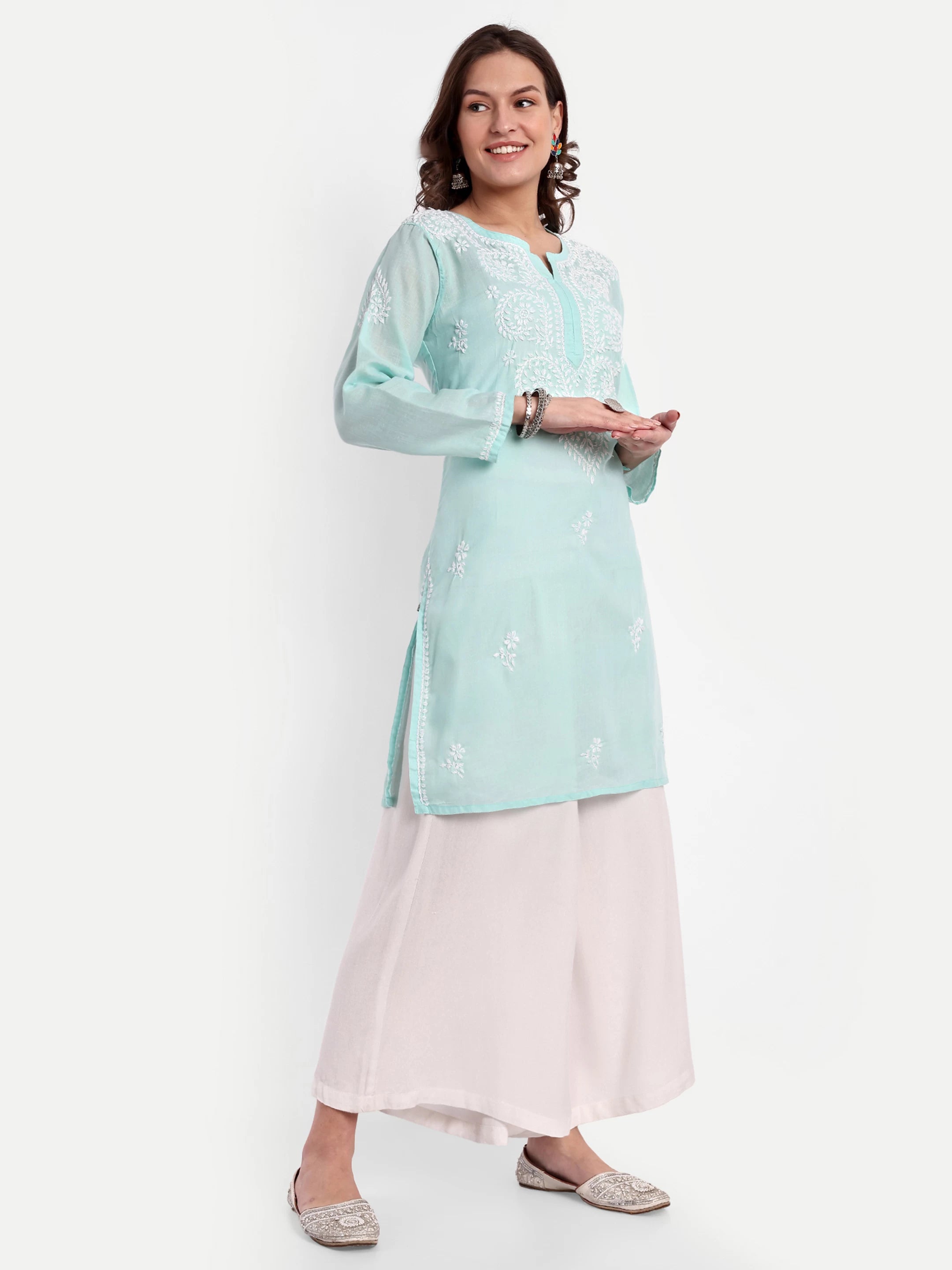 Ada Hand Embroidered Sea Green Cotton Lucknowi Chikankari Straight Kurti A911348
