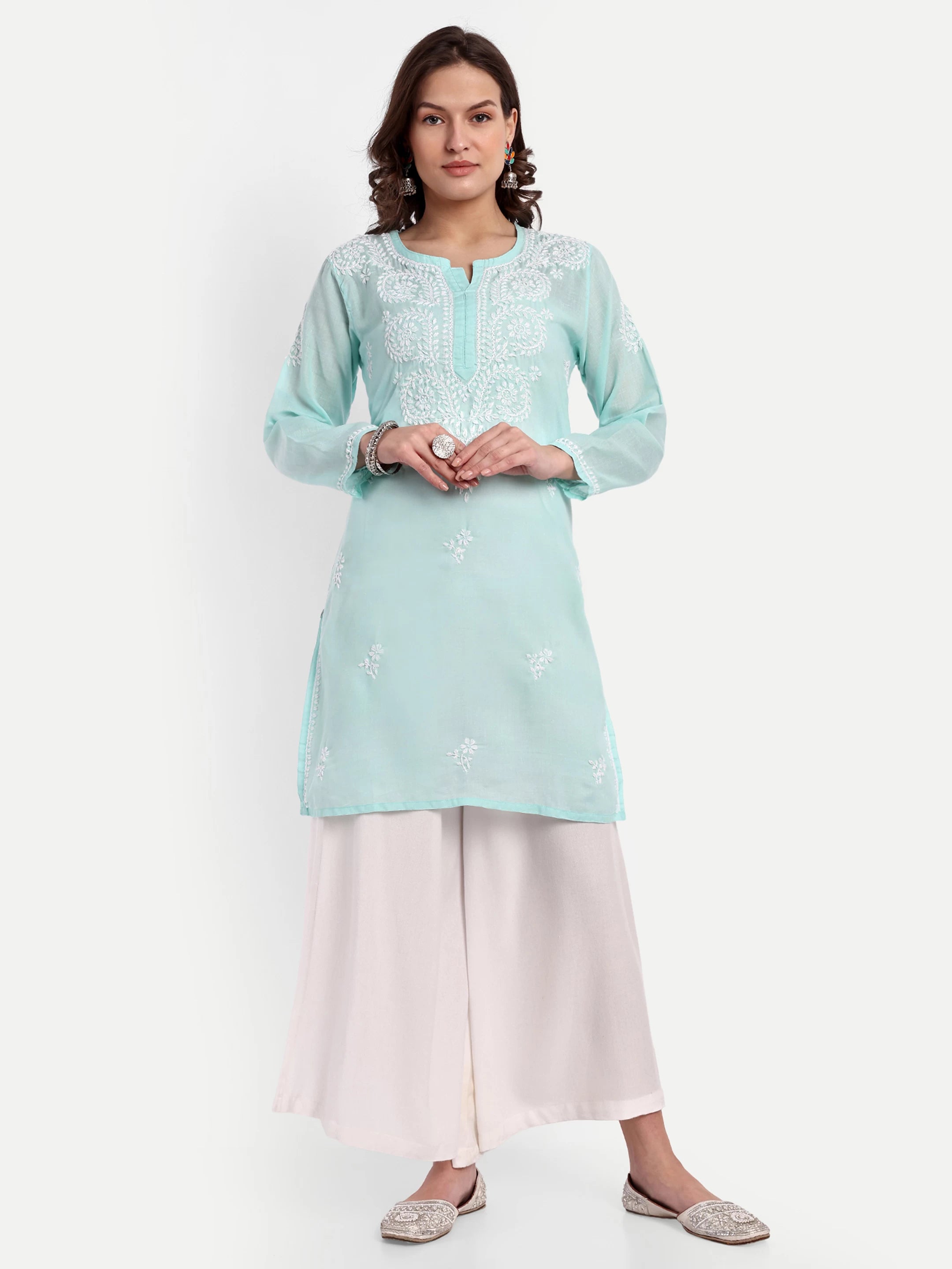 Ada Hand Embroidered Sea Green Cotton Lucknowi Chikankari Straight Kurti A911348