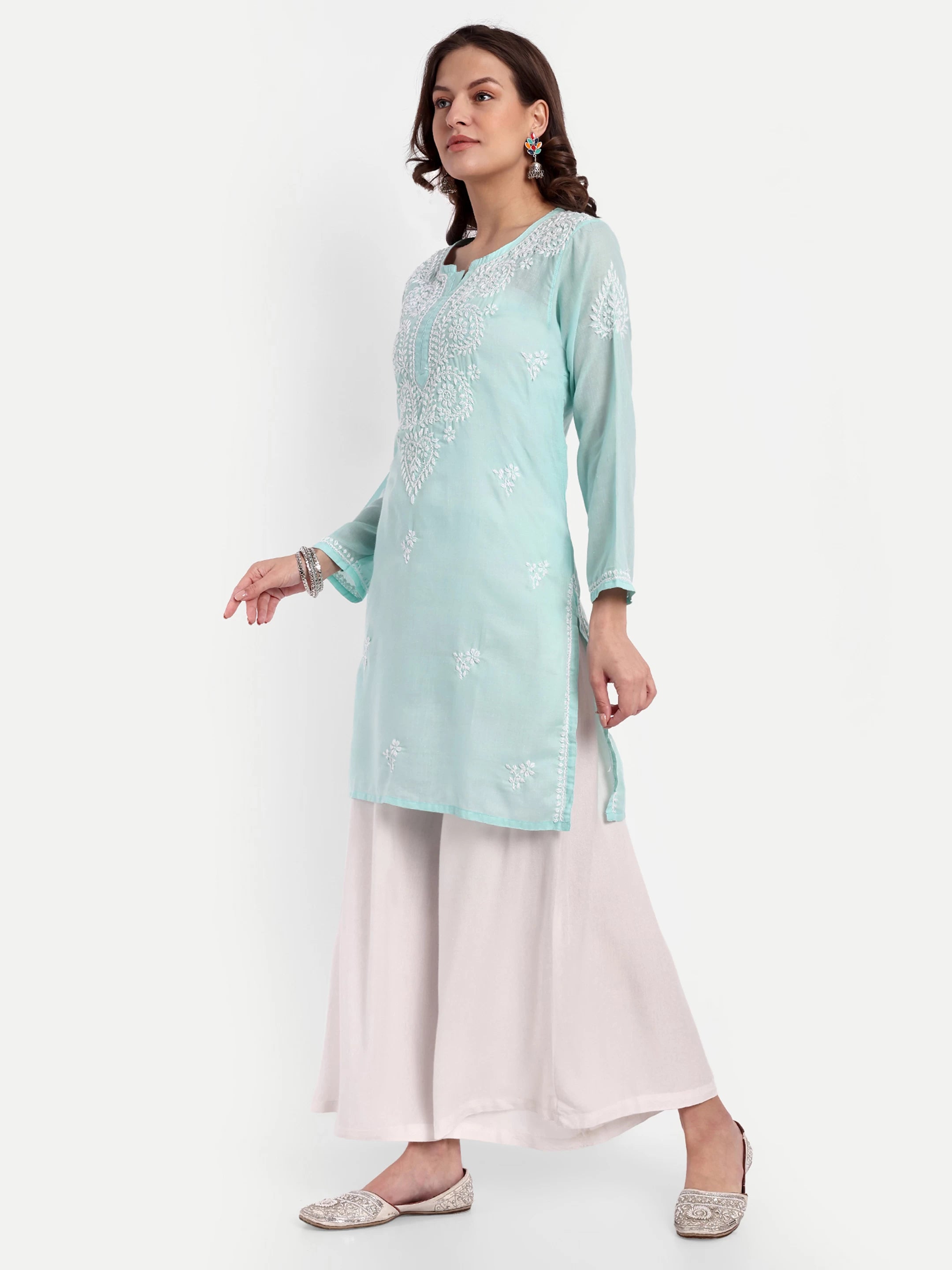 Ada Hand Embroidered Sea Green Cotton Lucknowi Chikankari Straight Kurti A911348