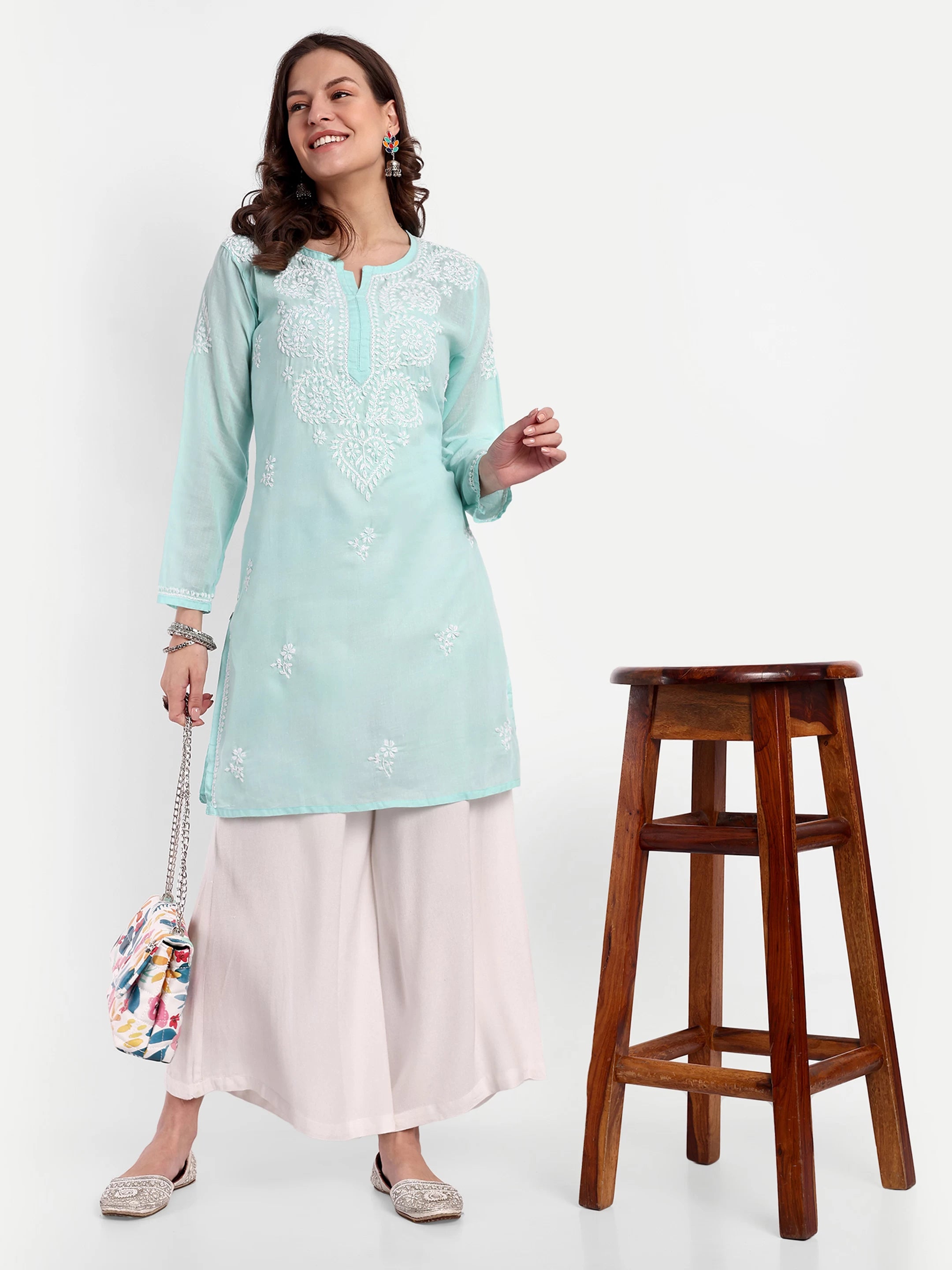 Ada Hand Embroidered Sea Green Cotton Lucknowi Chikankari Straight Kurti A911348