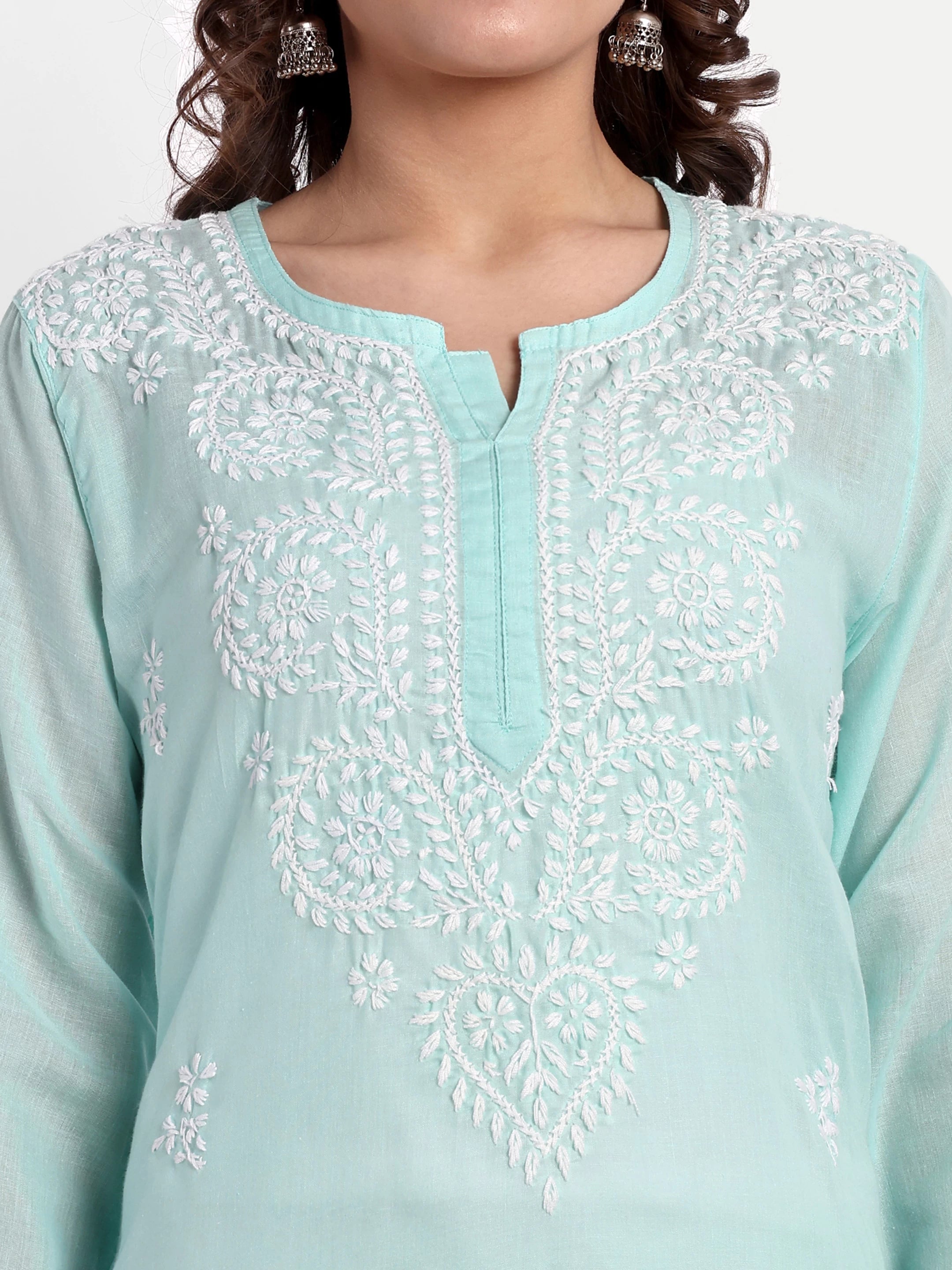 Ada Hand Embroidered Sea Green Cotton Lucknowi Chikankari Straight Kurti A911348
