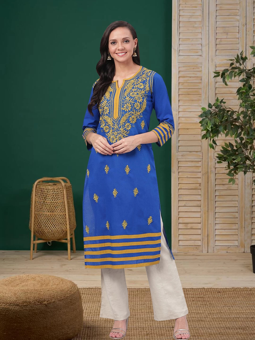 Ada Hand Embroidered Royal Blue Cotton Lucknowi Chikankari Straight Kurta A135582